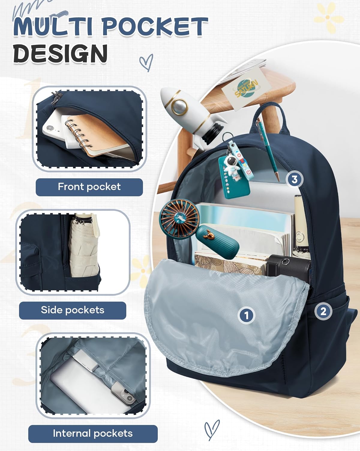 Small Backpack for School Girls Kids Women, Dark Blue Waterproof Bookbag Cute High School Back Pack for Men Teen Boys, Lightweight Travel College Backpack Mochilas Escolares para Daypack Rucksack