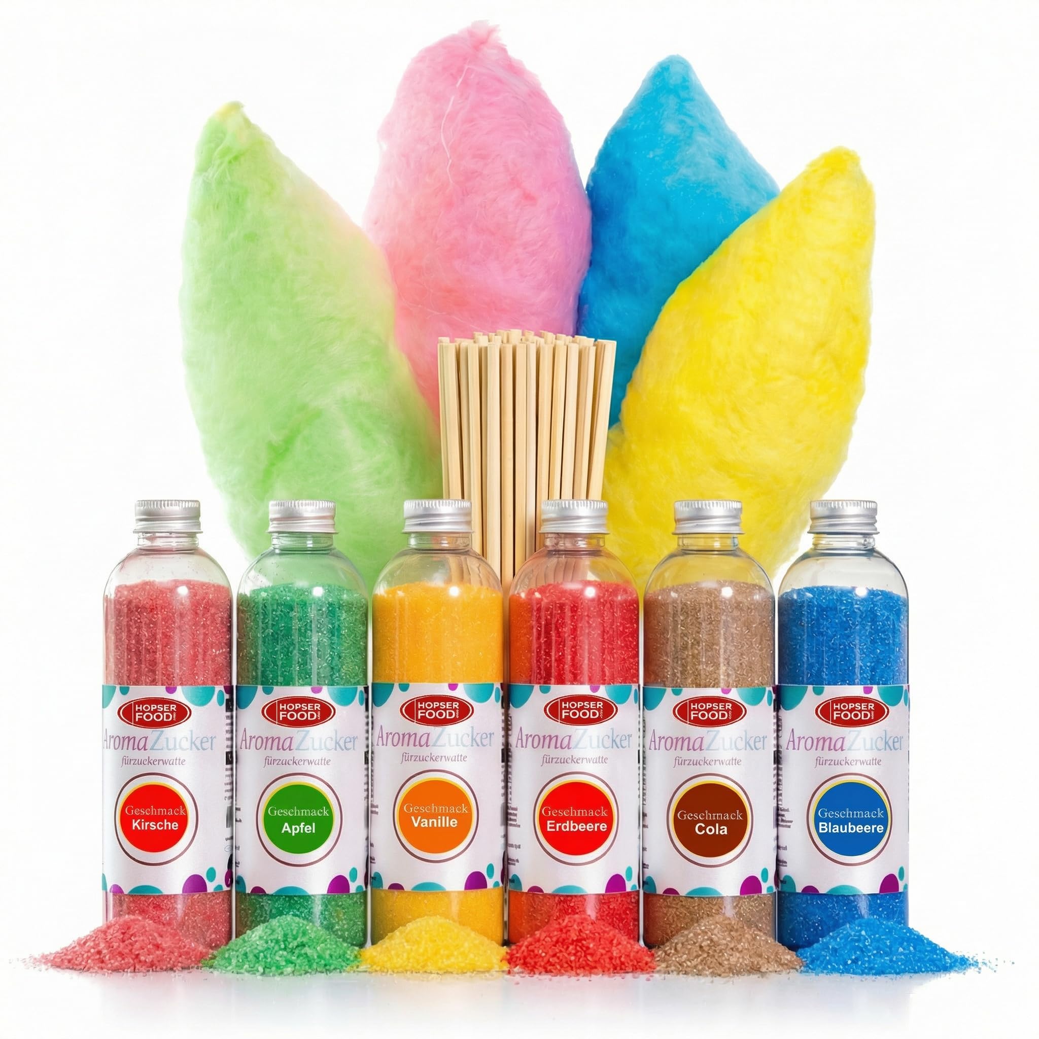 Lot de 6 x 230 g de sucre pour machine à barbe à papa, avec 100 bâtonnets