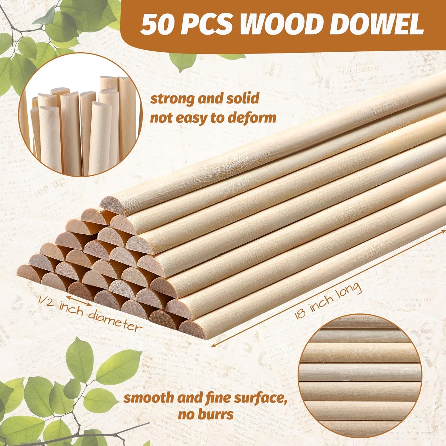 Tondiamo 50 Pcs Wooden Dowel Rods, Split Wood Dowel Unfinished Half Round Wooden Rods for Crafts DIY Feature Wall Log Cabin, Hobby Wood Products (18inch X 1/2inch)