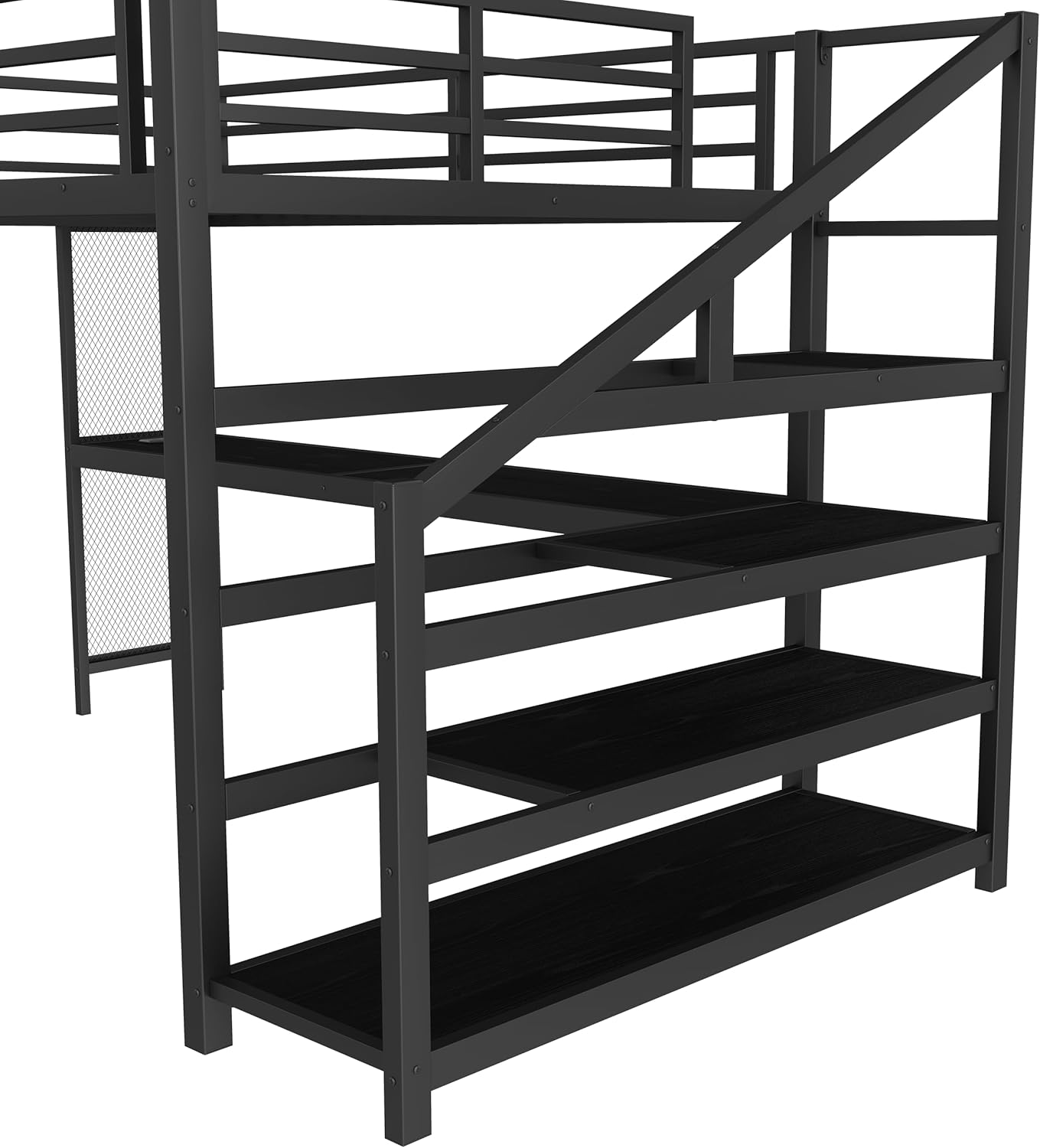 SOFTSEA Queen Size Loft Bed with Desk & Stairs, Heavy Duty Metal Loft Bed with LED Light & Charging Station, Queen Gaming Bed Frame for Teens Adults, Noise Free, Black