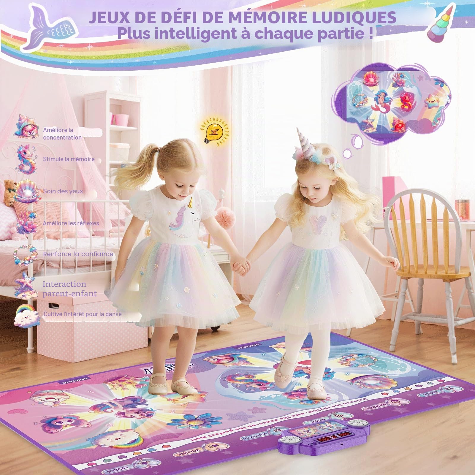 Tapis de danse Bluetooth amélioré 2025 pour 2 enfants, tapis interactif à 2 joueurs (4 modes améliorés), Merman & Unicorn avec boîte à piles LED, cadeau d'anniversaire