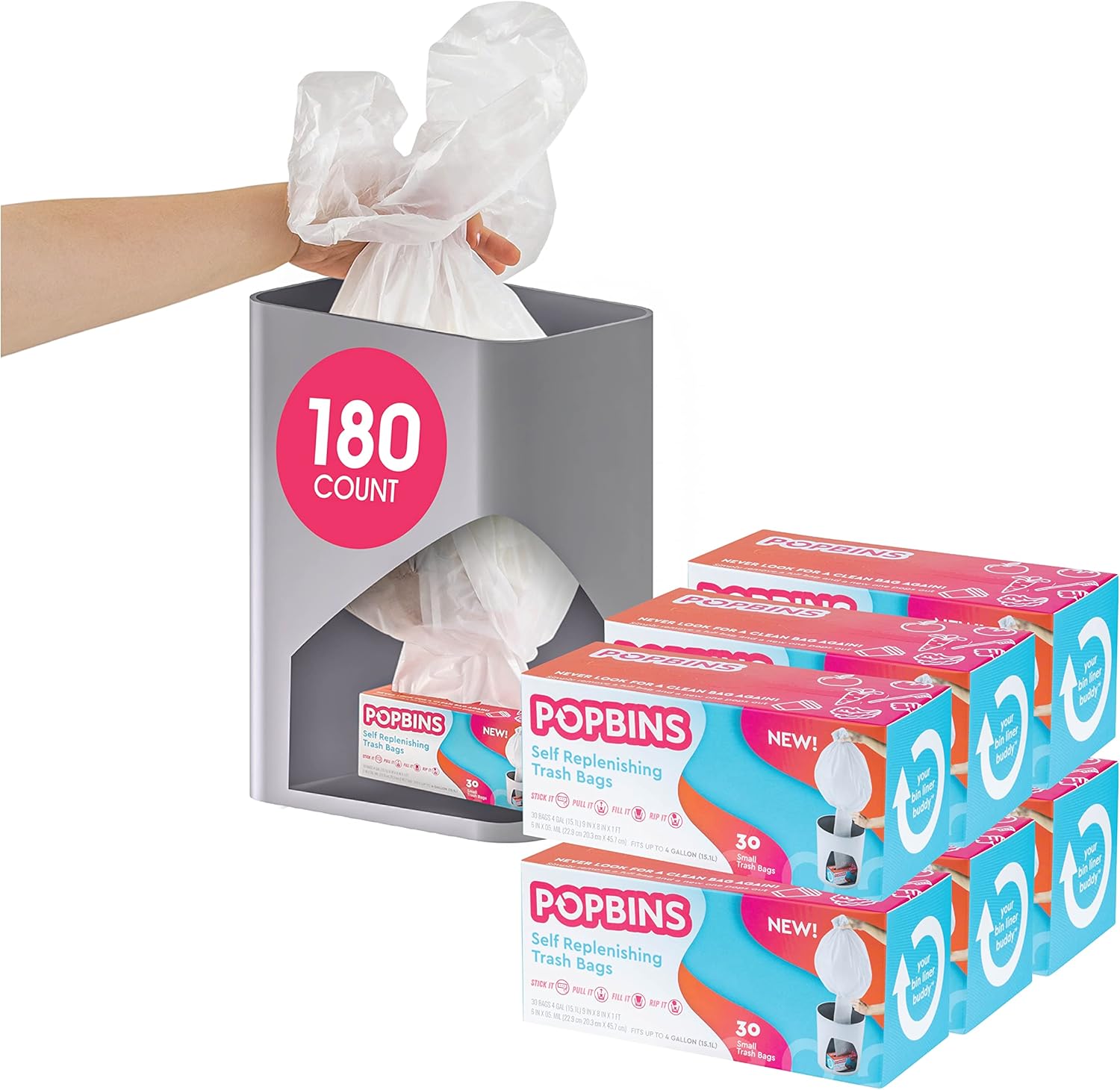 Popbins Self Replenishing Clear 4 Gallon Trash Bag 180 Count Easily