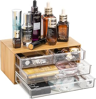 Okllen Bamboo Cosmetic Storage Organizer with Acrylic Drawers, Clear Makeup Organizer Jewelry Storage Box, Desktop Organizer for Skincare, Hair Accessories, Bathroom Counter,23.5x14.5x10.5 CM
