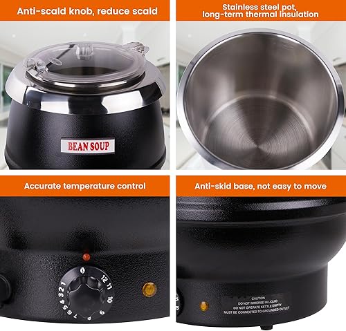 Miniatura 10 de EASYROSE Calentador de sopa comercial de 6 cuartos de galón con tapa con bisagras y olla de acero inoxidable desmontable, calentador de alimentos