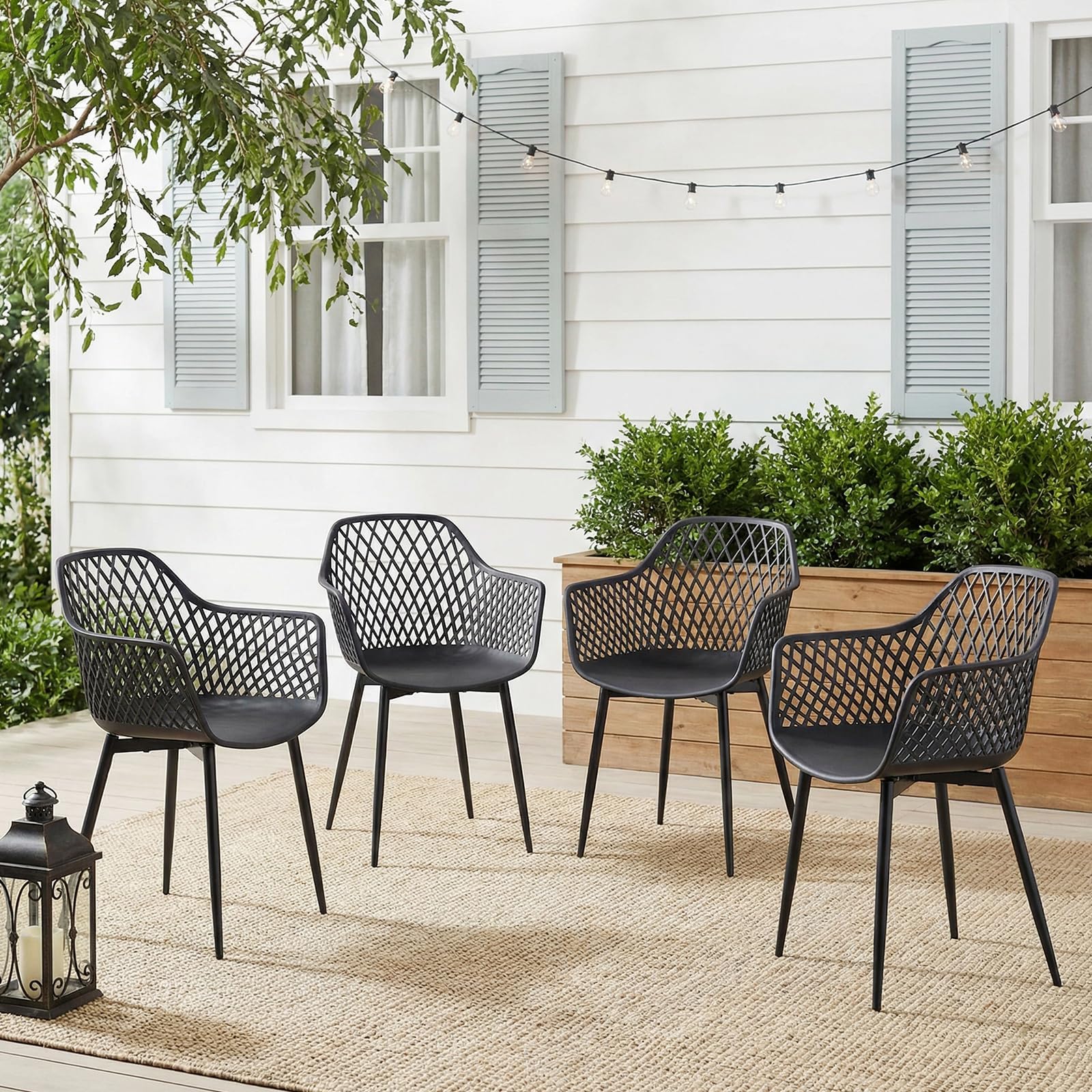Runder Esstisch mit 4 Stühlen Set, Balkonmöbel Set für Kleinen Balkon, Balkontisch Klein für Garten, Terrasse, Balkon, Schwarzer Tisch (Ø 80 cm) + 4 Schwarze Sessel