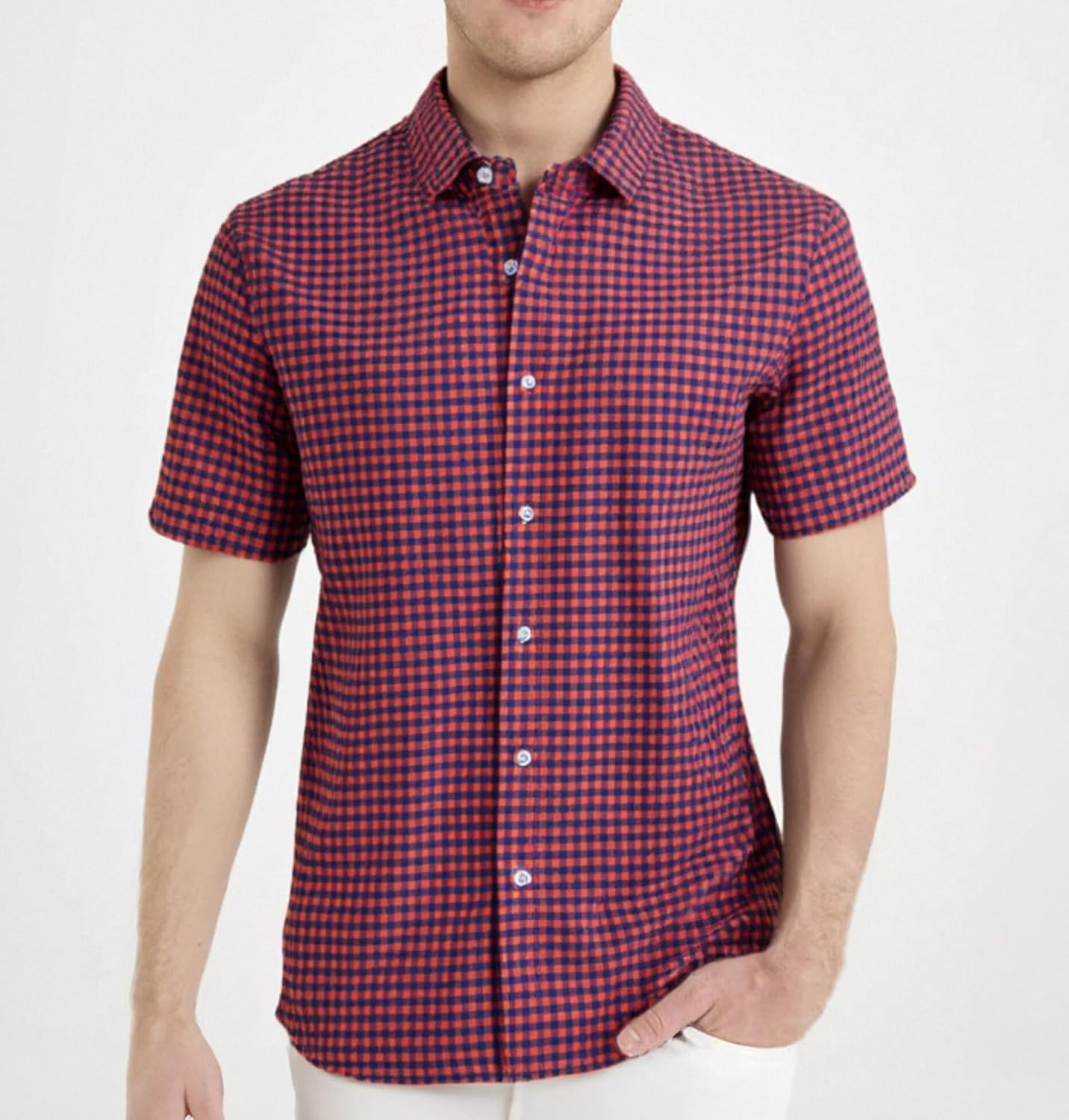 Manwan walk Mens Short Sleeve Plaid Casual Button Down Shirts Gingham Regular Fit Dress Shirts - Image 2