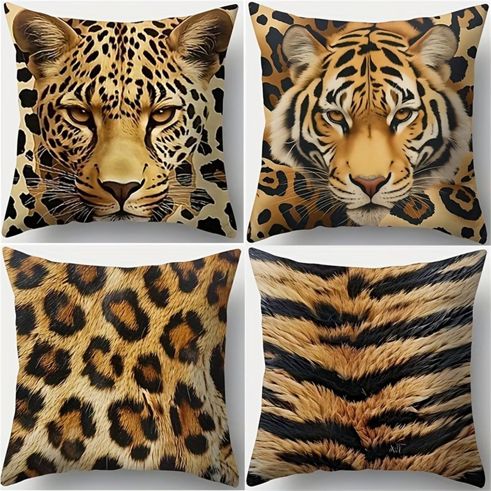 Housses de Coussin 60x60 cm Lot de 4 - Imprimé Tigre Léopard - en Lin Doux et Respirant - Taies d'oreiller Décoratives avec Fermeture Éclair Dissimulée pour Canapé, Salon et Chambre