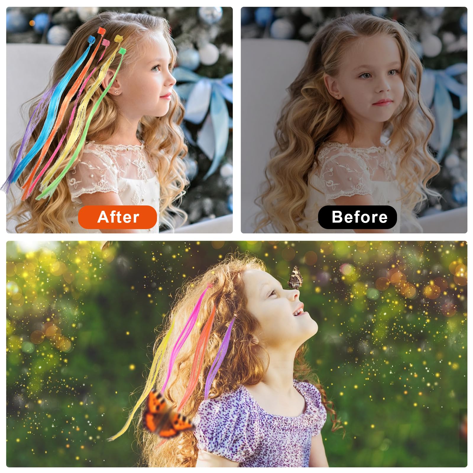 Paquete de 36 extensiones de cabello de colores para niñas, con clip, 13.0 in de longitud, rosa, azul, morado, naranja, verde, amarillo, trenzado y recto 4