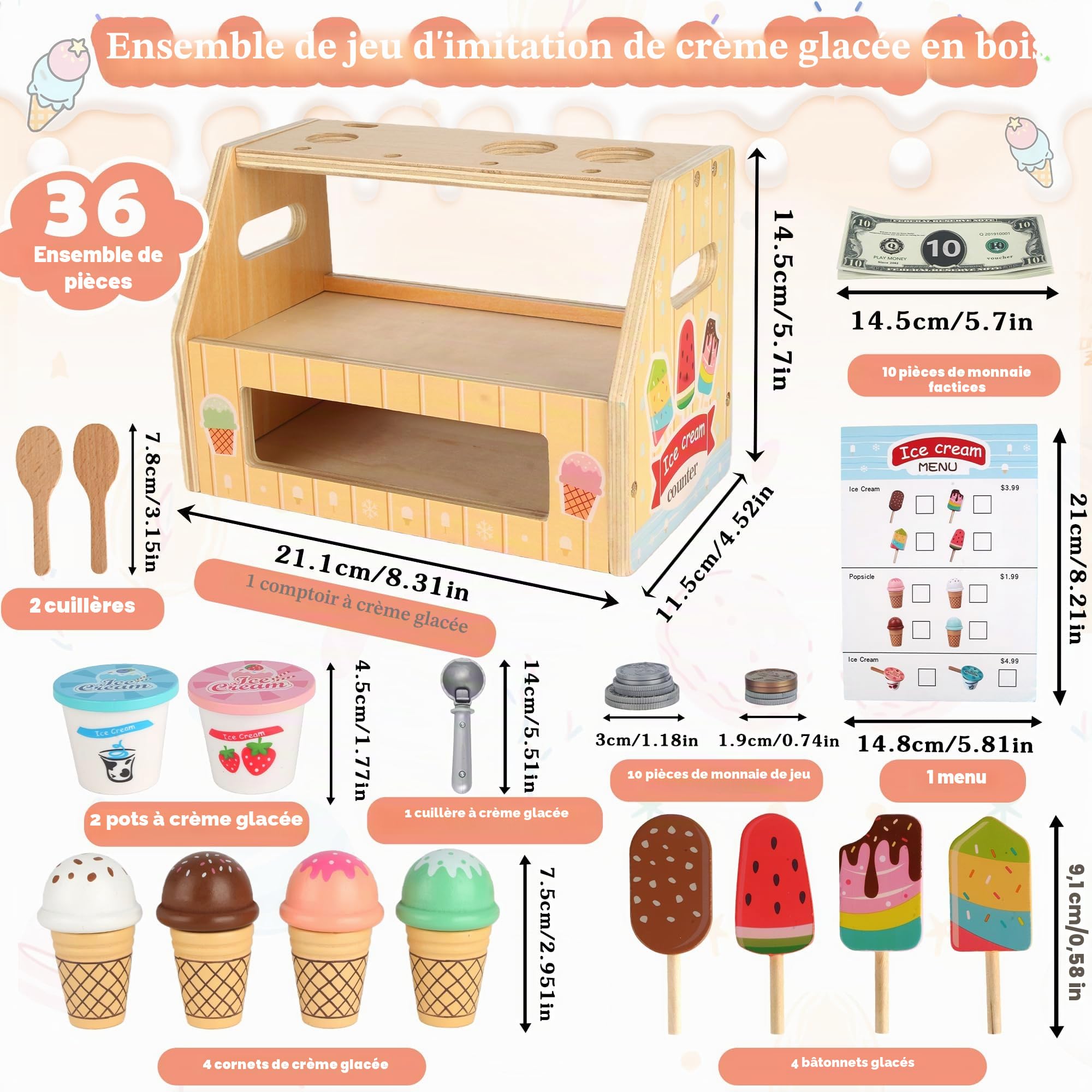 Glacier en Bois pour Enfant avec Comptoir de Glace, Jouet à Crème Glacée Marchande Enfants, Glaciere Jouet de Cuisine Montessori, Jouet en Bois Éducatif pour Jeu de Rôle à Partir de 3 Ans