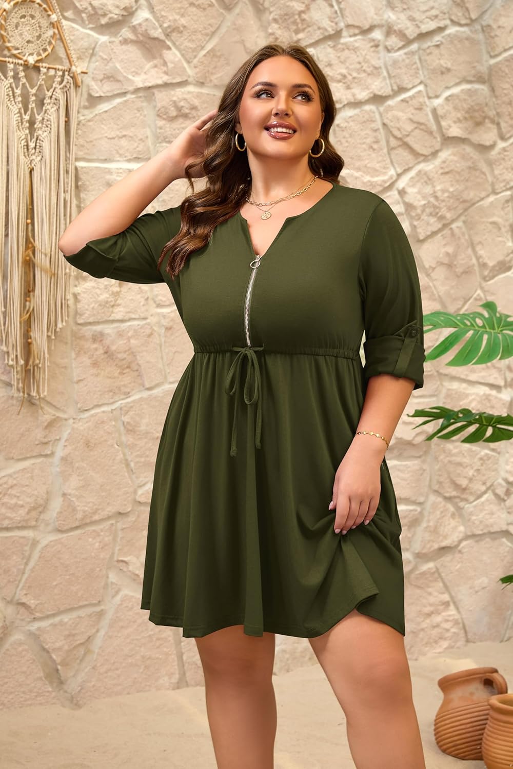 Womens Plus Size Dress Casual Roll up 3/4 Sleeves Zipper V Neck Tie Waist Flowy Loose Dresses with 2 Pockets - Image 7
