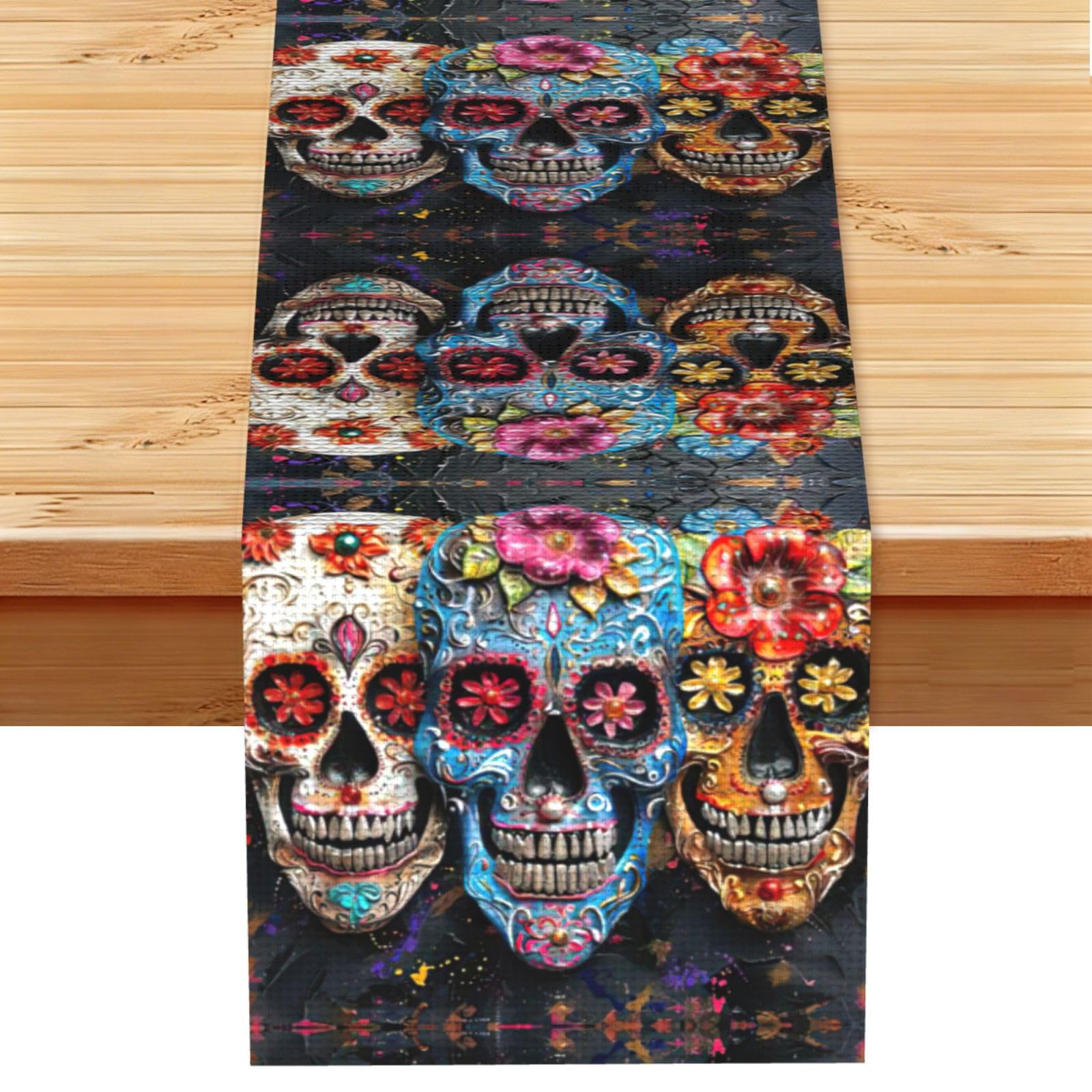 sugar skulls Printed Dining Table Runner 13x72 Inch, Non-Fading Decor for Kitchen Dresser Fireplace Mantel