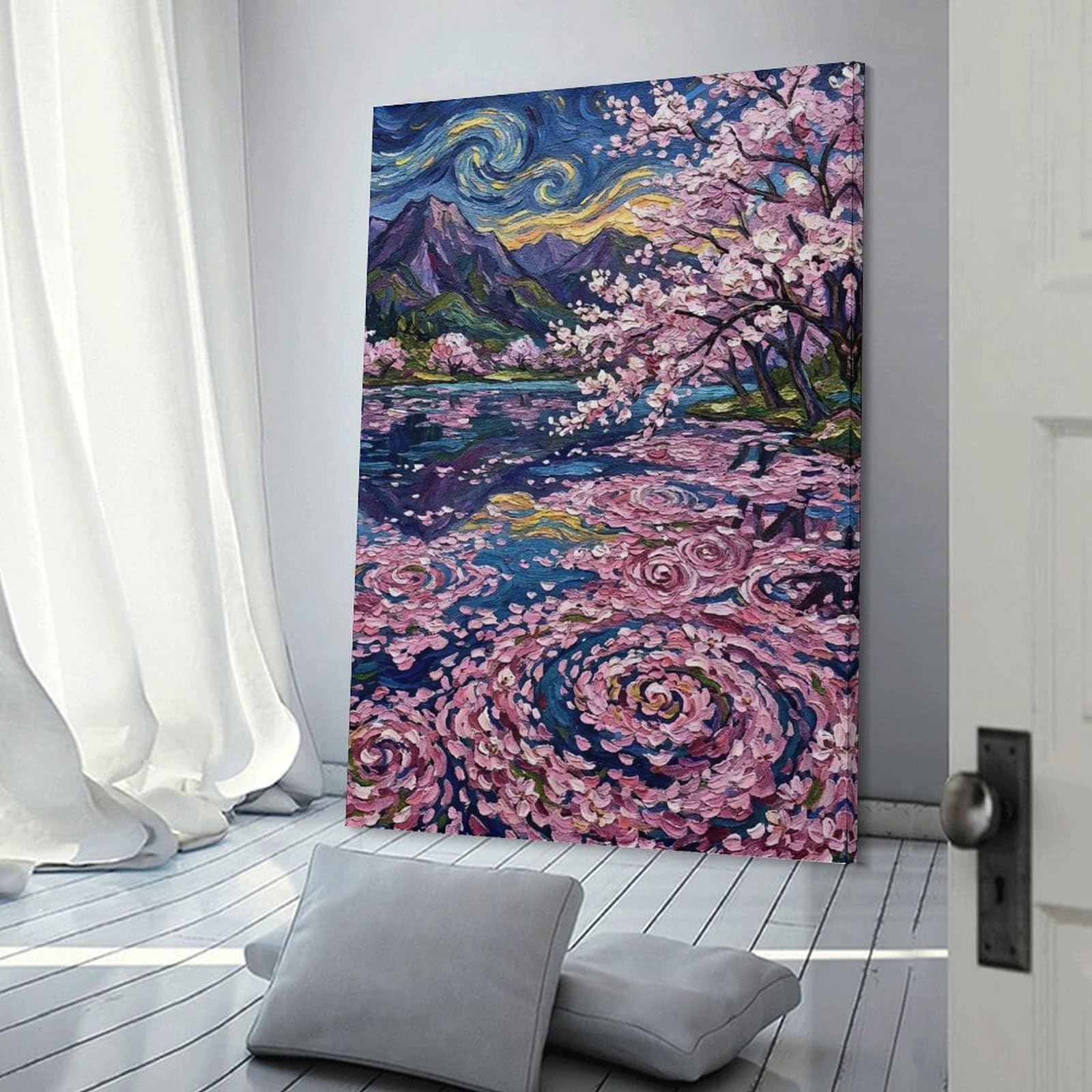 Junmoney Cherry Blossoms Impressionistic Landscape Painting Home Decor Wall Art, 12x18inch(30x45cm), for Apartment Walls, Studios Or Work Areas, Wall Decor with Flexible Room Appeal