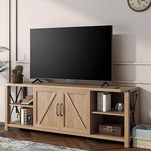 Miniatura 5 de Soporte de TV de 70 pulgadas para TV de 75 pulgadas, centro de entretenimiento industrial de roble con almacenamiento, gabinete de consola de TV con