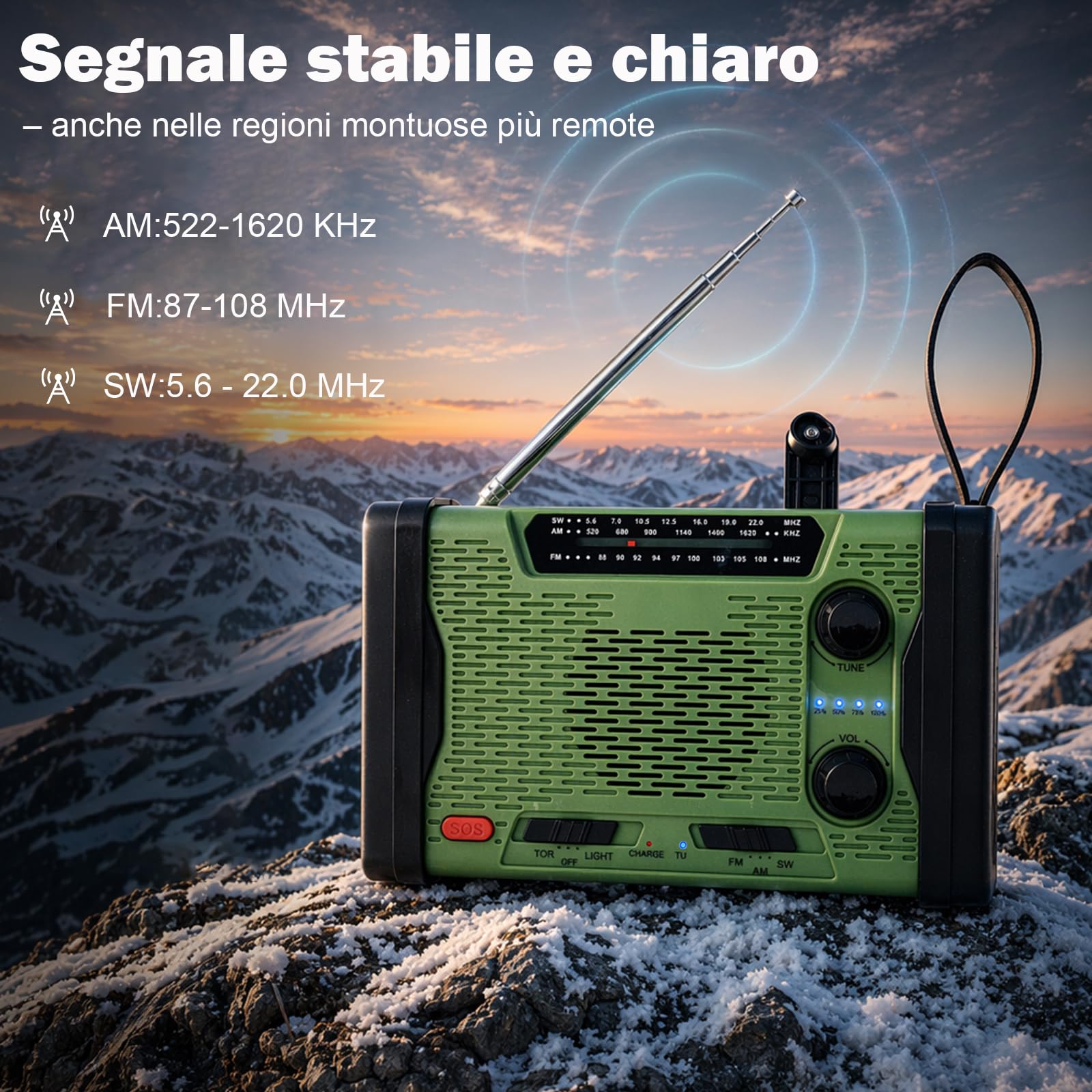 Radio Portatile di Emergenza AM/FM/SW, Radio Dinamo a Manovella con Powerbank Solare 5000mAh, Radiolina Portatile Ricaricabile con Torcia LED, Allarme SOS e Carica USB per Campeggio e Blackout