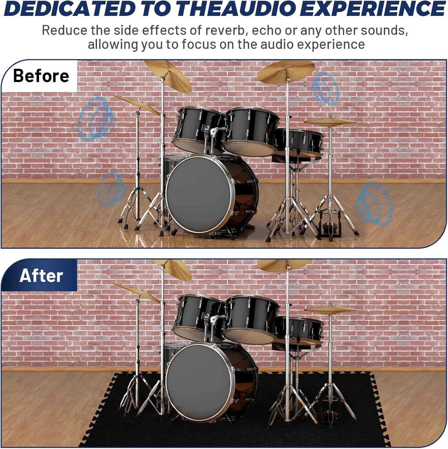 Focusound 20Pcs Sound Absorbing Interlocking Drum Rug, 11.8 x 11.8 x 0.4 inches High Density Soundproof Floor Mats, Non-Slip Anti Vibration Piano Carpet Drum Mat for Music Studio, Black