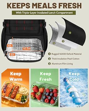 RAINSMORE Laptop Backpack with Lunch Compartment,40L Large Capacity Lunch Backpack for Men Work Backpack with USB Post Insulated Cooler Backpack for Work, Travel, Picnic, Black