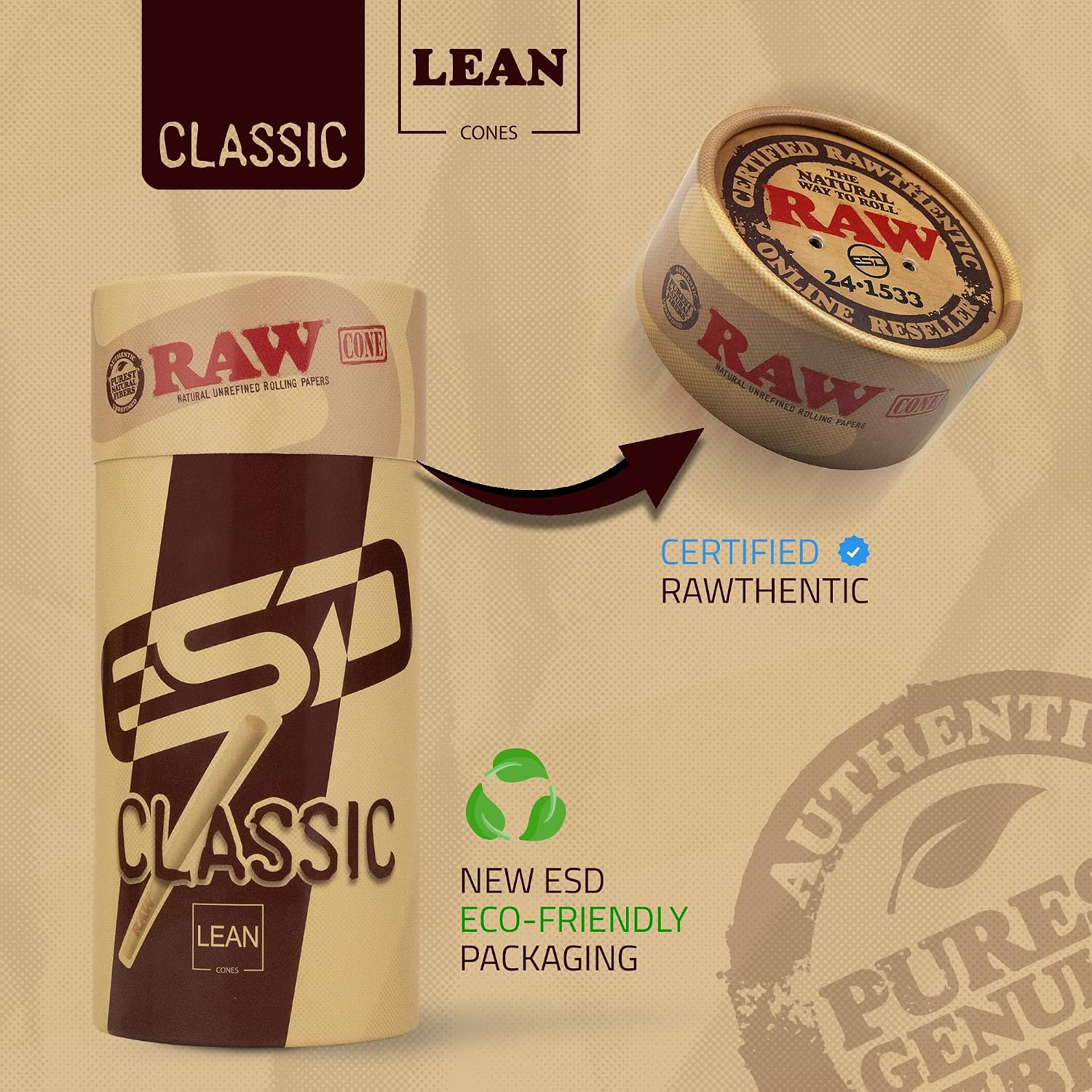 RAW Cones Classic Lean Size | 100 Pack | Natural Pre Rolled Rolling Paper with Tips & Packing Tubes Included