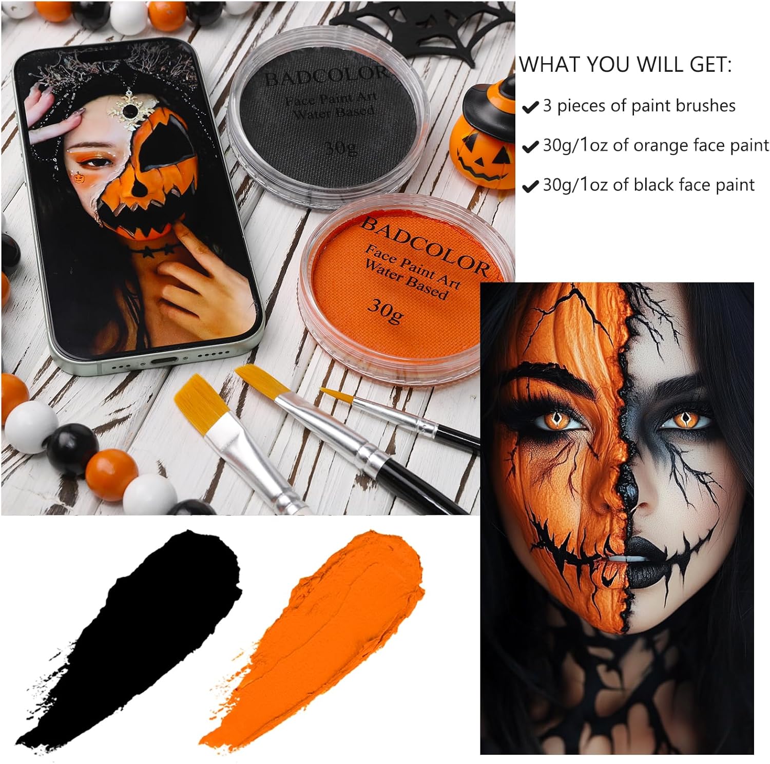 Black Orange Face Body Paint with Brushes for Pumpkin Halloween Makeup, Water Based Face Painting Kit Non-Toxic for Adults Party, Facepaint for Scarecrow Clown Tiger Lion Costume Cosplay Make-Up - Image 2