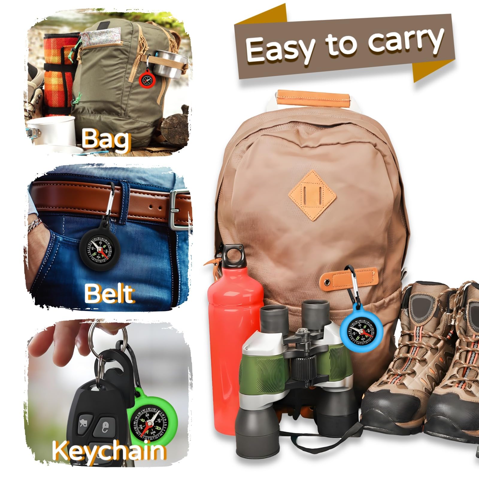 6 Pièces Mousqueton Multifonction avec Boussol, Mini Kompass Kinder avec Boucle à Ressort, Boussole Enfant Portable pour à La Randonnée et Au Camping en Plein Air