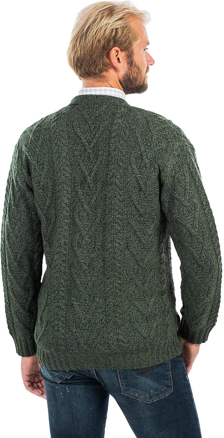 SAOL 100% Merino Wool Men's Aran Cable Knit V Neck Casual Irish Cardigan with Buttons and Pockets