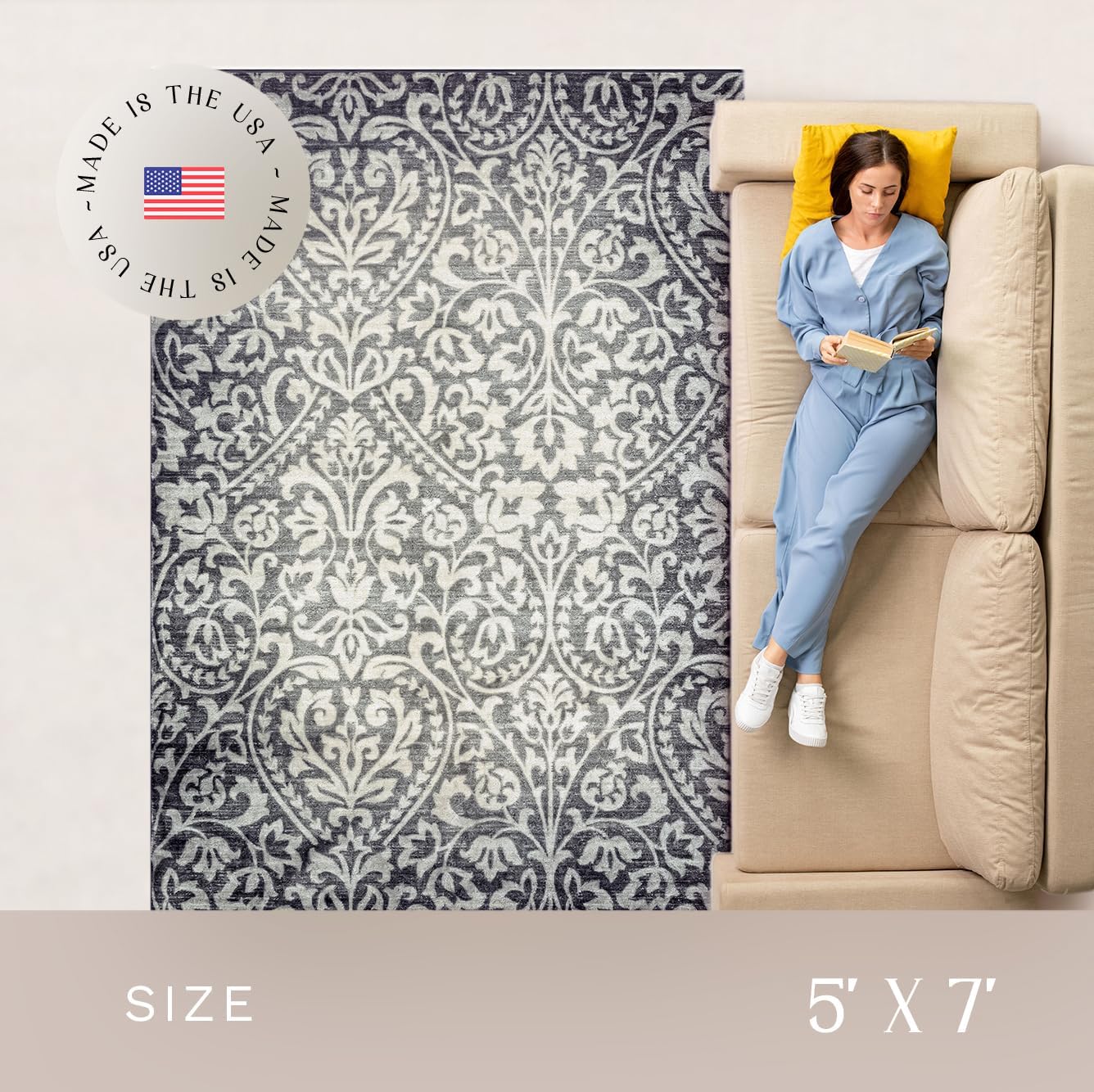 Maples Rugs Exeter Floral Area Rugs – Made in USA – Low Pile, Non Slip Pet–Friendly Mat for Bedroom, Office, Living & Dining Room, 5' x 7', Grey