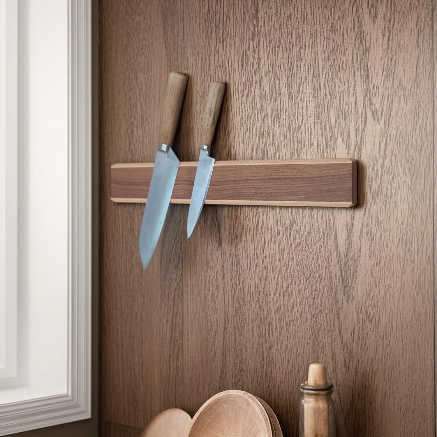 Magnetic Knife Strips for Wall, Solid Wood Knife Magnetic Holder, No-Drill 3-Way Mount & 3M Adhesive Strips, (Walnut Wood, 16 Inches)