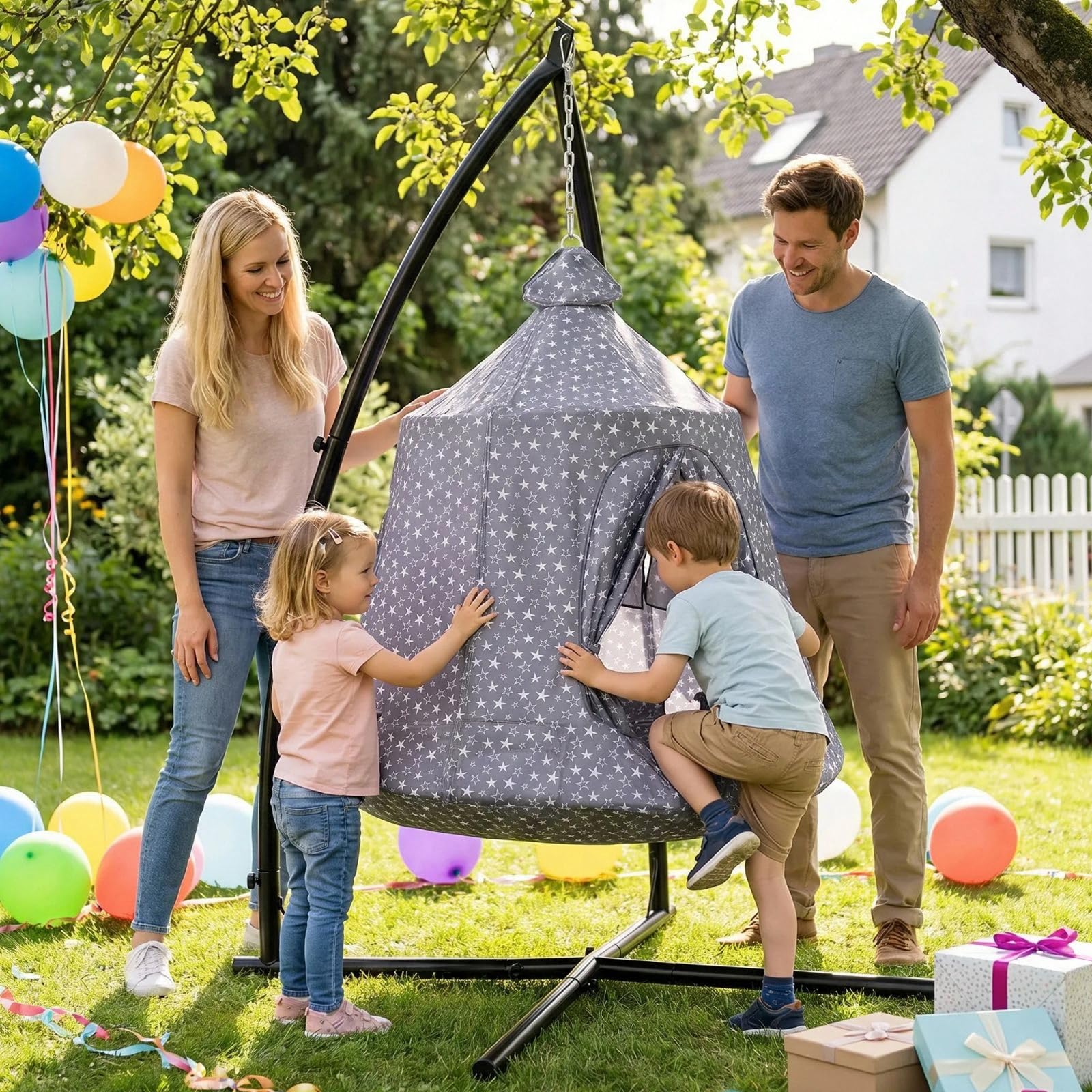 MAMIZO Hängesessel mit Gestell Outdoor&Indoor,150kg Hängehöhle,213×112×112cm Hängematte,Hänge Spielzelt,Schaukel Garten,Camping Hängezelt,int LED-Leuchten,mit aufblasbarem Kissen