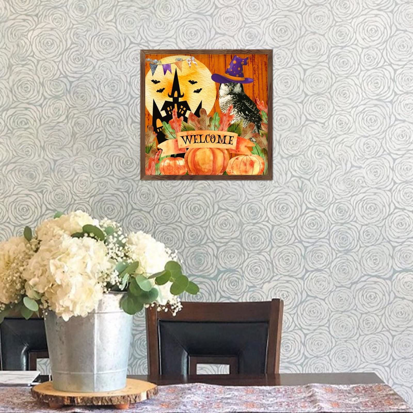 Witamy Halloween Dynia Sowa Czarownica Kapelusz Hunted House Drewna Oprawiony Znak Vintage Halloween Drewniane Tablice Styl Farmy Spersonalizowane Drewniane Znaki Drewniane Dekoracje Ścienne 12x12in