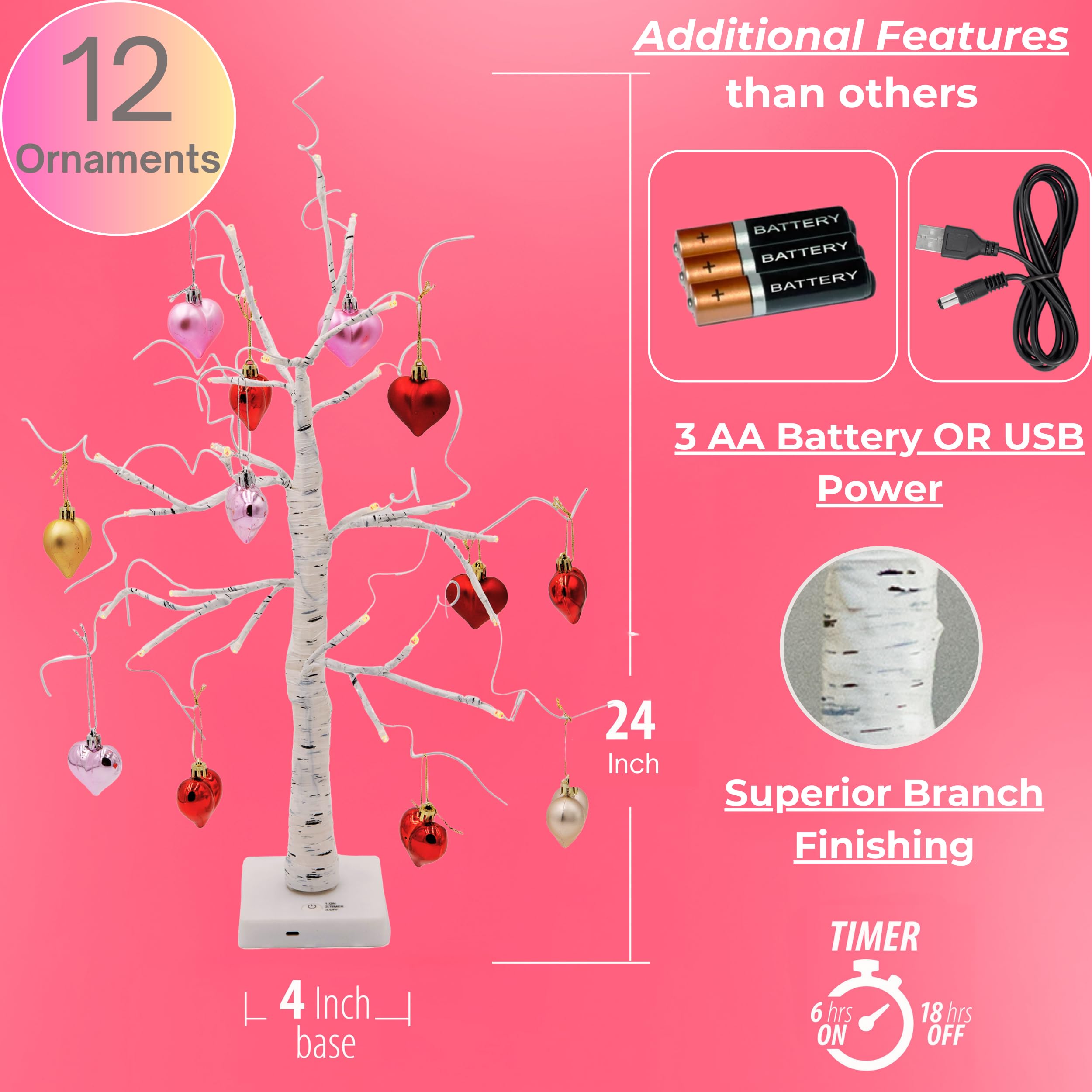 24" Easter Birch Tree With LED Lights & 12 Egg Ornaments - USB/Battery Powered Tabletop Decor For Home-751133