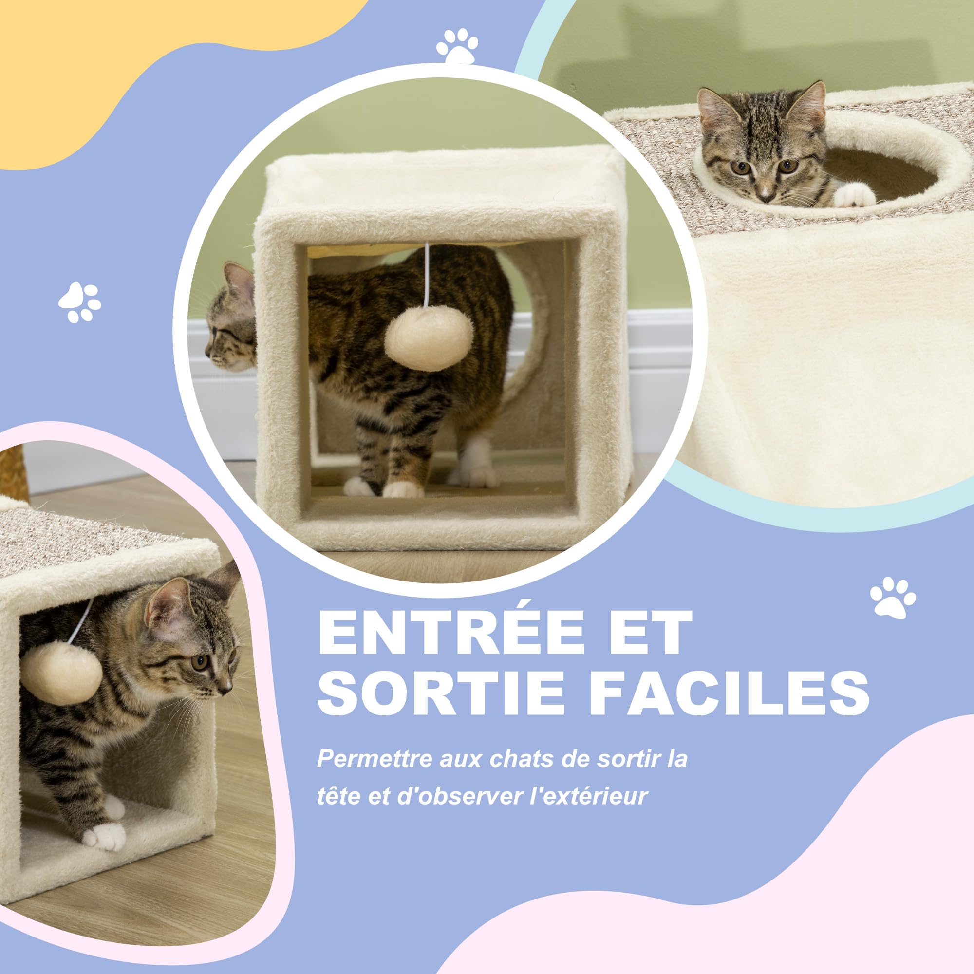 PawHut Tunnel pour Chat intérieur, Jouets pour Chats, Tunnel de Jeu avec Balle Suspendue pour Chats avec 2 niches, entrées Multiples, en sisal, crème