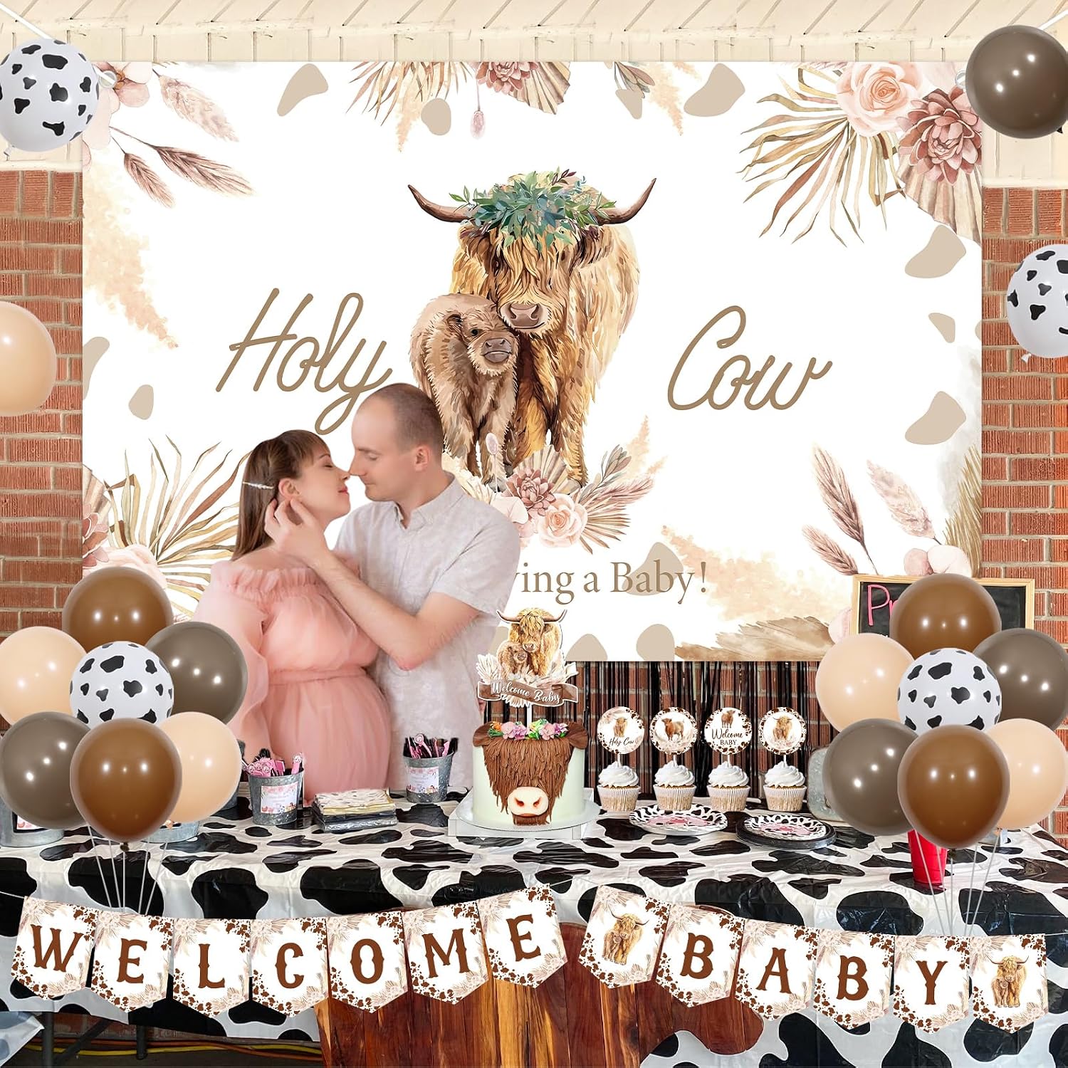 Brown Highland Cow Baby Shower Decorations for Boy, Holy Cow We are Having a Baby Backdrop Decor with Welcome Baby Print Banner Cake Topper, Farm Highland Cattle Baby Shower Party Supplies