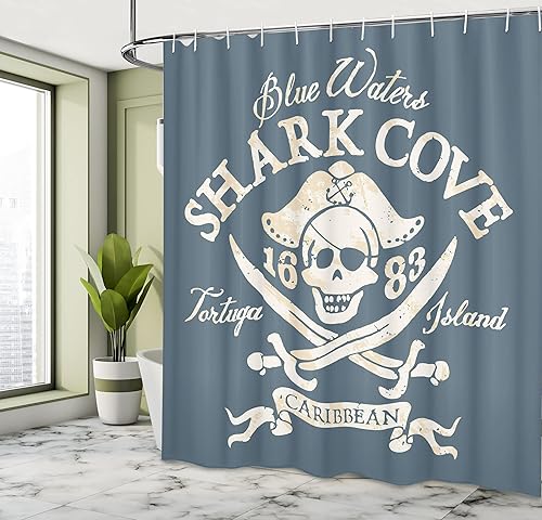 Miniatura 4 de Ambesonne Cortina de ducha pirata, Shark Cove Tortuga Island Caribbean Waters Retro Jolly Roger, juego de decoración de baño de tela con ganchos, 69