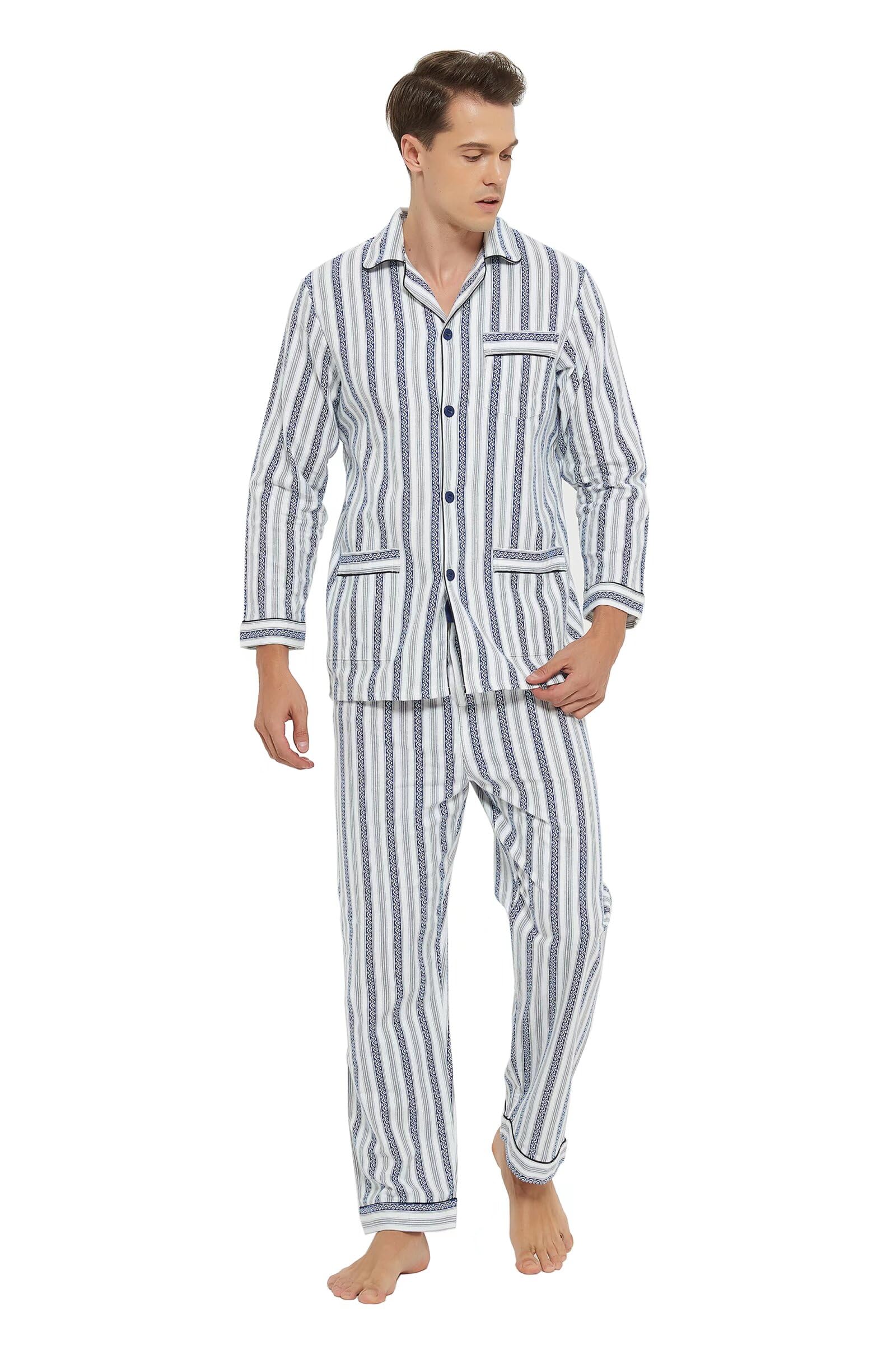 GLOBAL Pigiama Uomo Flanella Cotone Lungo Pantaloni Vita Elasticizzata Coulisse Bottoni Invernale Abbigliamento da Notte Confortevole