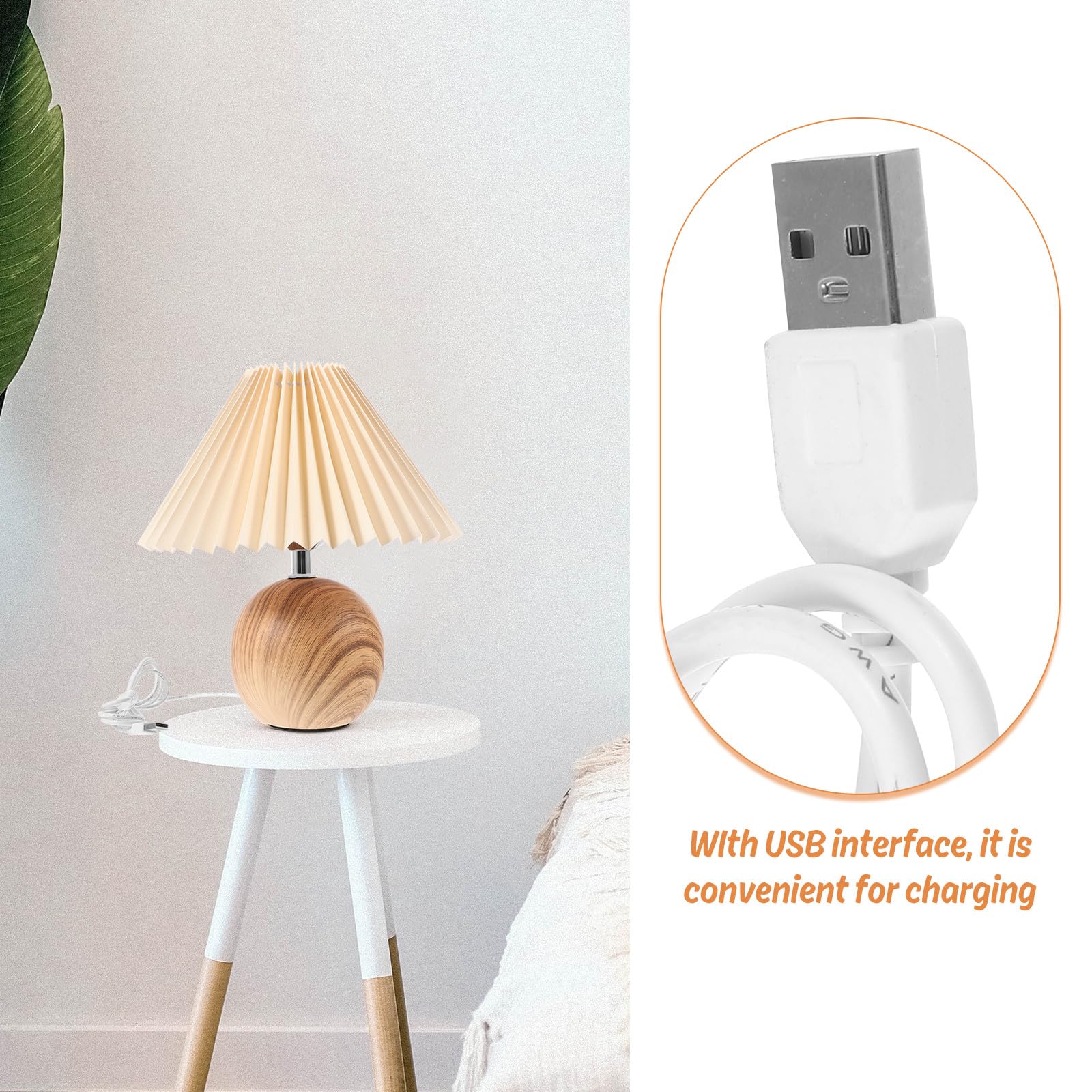 SHINEOFI Lampada da Tavolo Dimmerabile Paralume Plissettato e Base in Venature del Legno, Porta USB Integrata per Camera da Letto e Soggiorno, Luce Regolabile Continua per Lettura e Relax