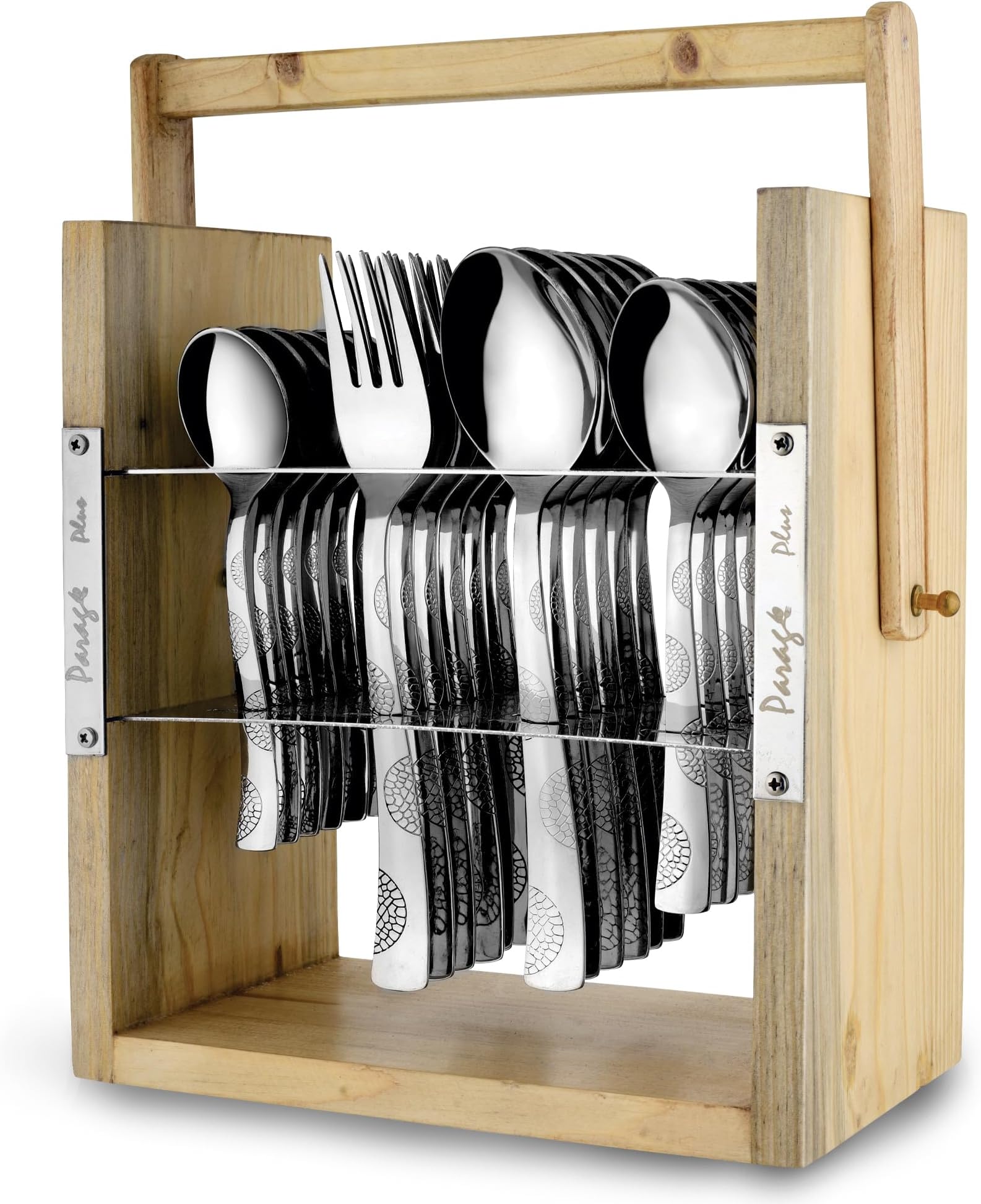 Parage 25 Pieces Stainless Steel Moonpress Cutlery Set with Wooden Hanging Stand for Dining Table (Contains: 6 Tea Spoons, 6 Table Spoons, 6 Table Forks, 6 Dinner Spoon), Stylish Spoon Set