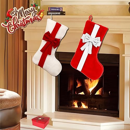 Miniatura 6 de Medias de Navidad rojas con lazo, medias de Navidad grandes de felpa de 18 pulgadas para chimenea, árbol de Navidad, fiesta de vacaciones,