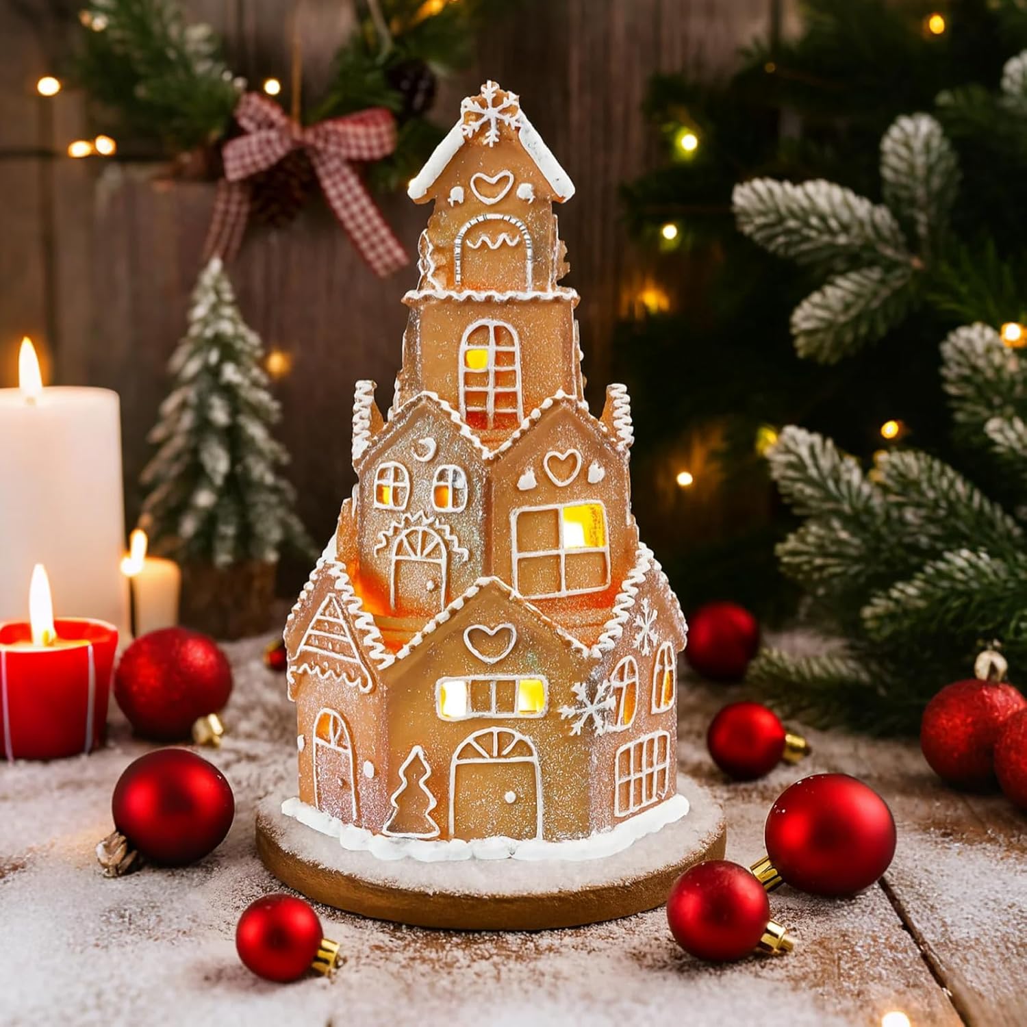 LED Christmas Gingerbread House Decoration Resin Christmas Gingerbread Village Sets Xmas Village Collectible Figurines Home Decor Gifts 5 x 5 x 8.25 Inch