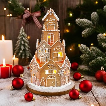 Beeveer LED Christmas Gingerbread House Decoration Resin Christmas Gingerbread Village Sets Xmas Village Collectible Figurines Home Decor Gifts 5 x 5 x 8.25 Inch