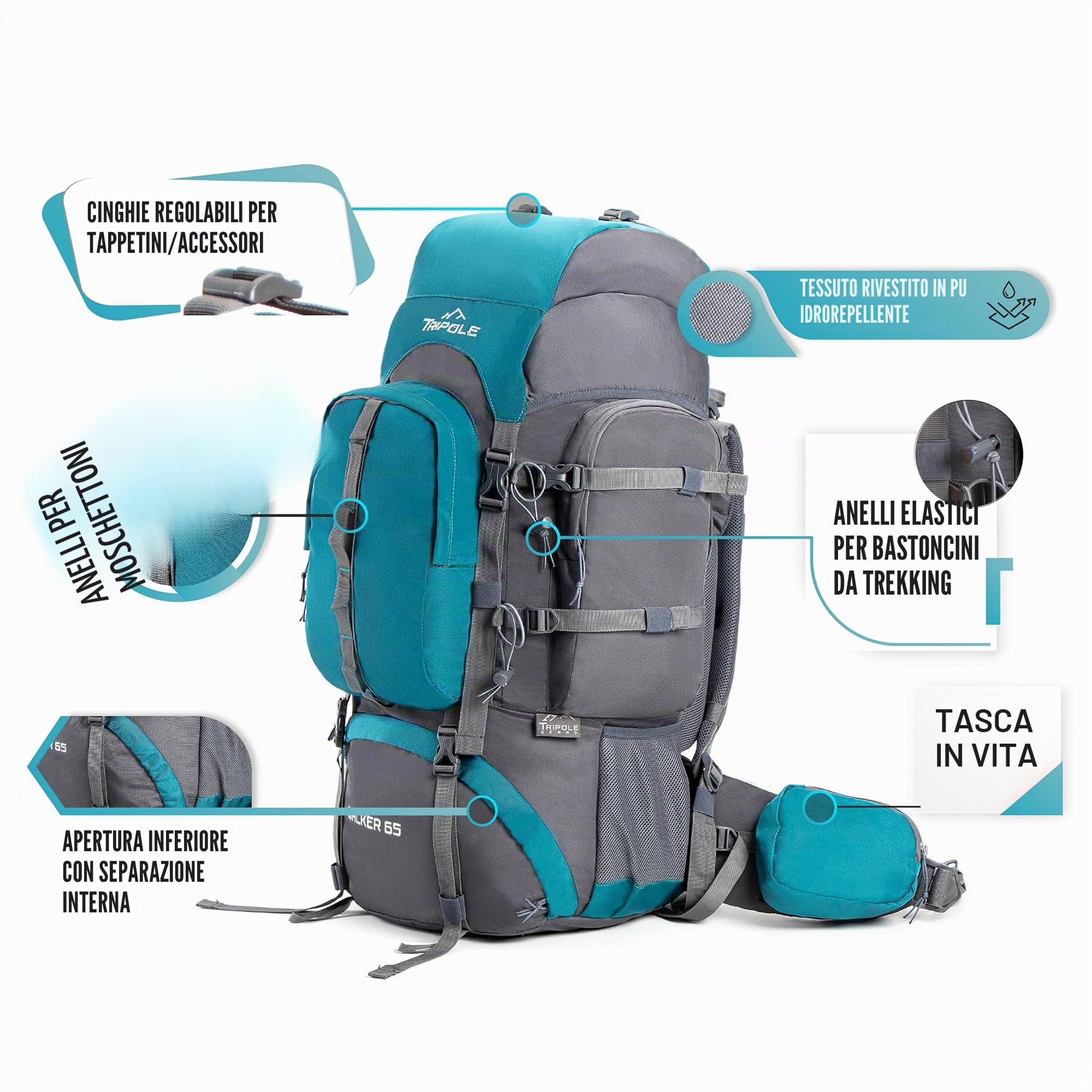 Tripole Walker Zaino Trekking 65 Litri per Uomo e Donna con Telaio Interno e Parapioggia – Zaino con Scomparto Laptop 17", Zaino da Campeggio e Viaggio, Verde Mare