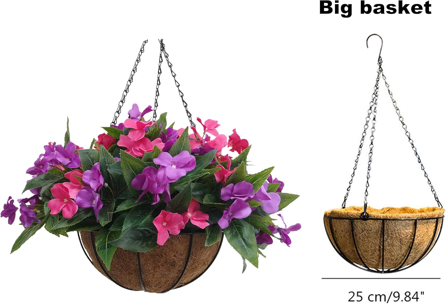 Flo Set of Hanging Basket Artificial Impatiens Flowers Purple and Pink for Balcony Decoration (Big Basket and Artifiical Flowers) Flo