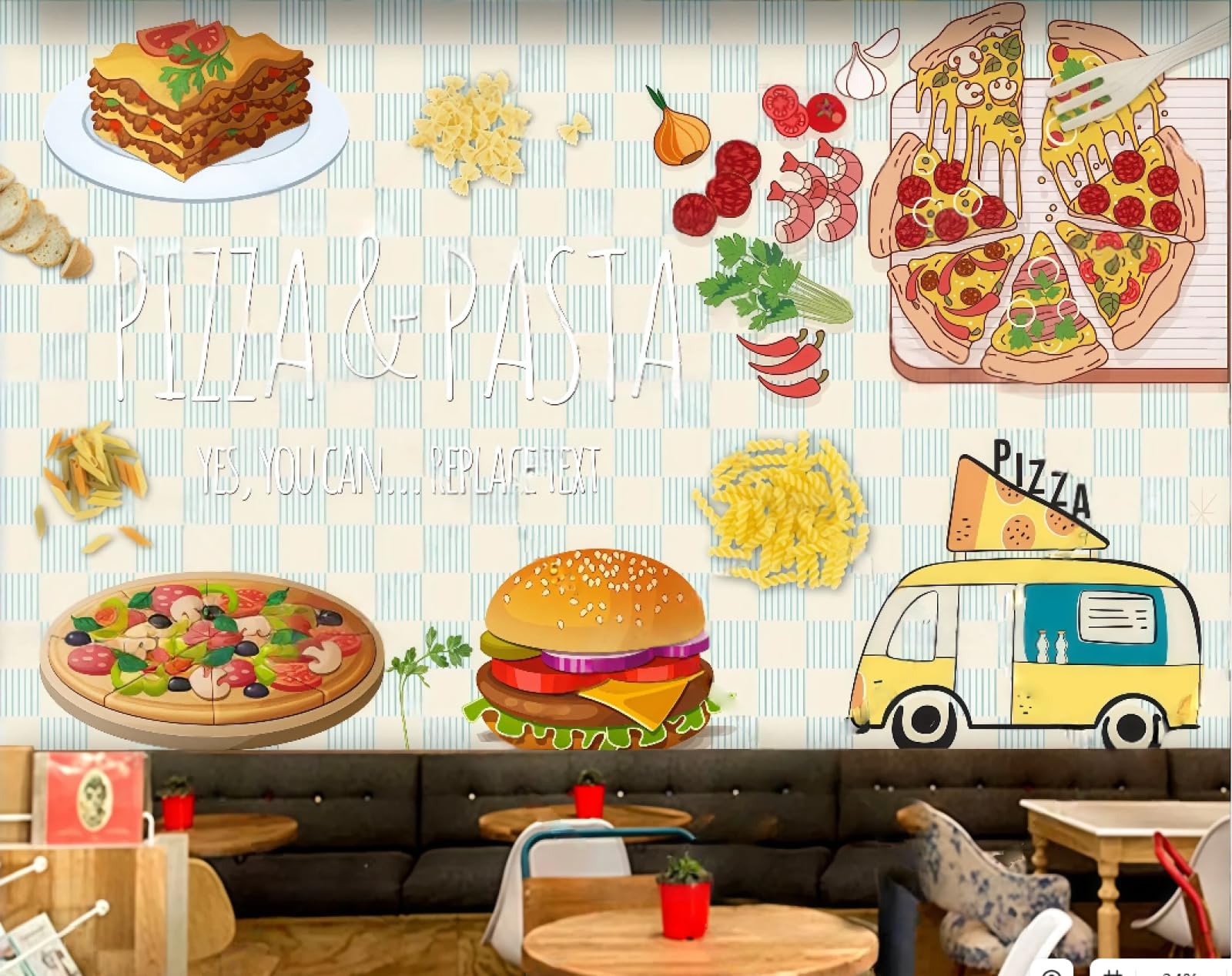 rskjdghshd Wallpaper Hand-Painted Cartoon Delicious Burger Pizza Shop Fried Chicken Dessert Shop Background Wall Western Restaurant Wallpaper Cafe Mural,3D,250x175cm