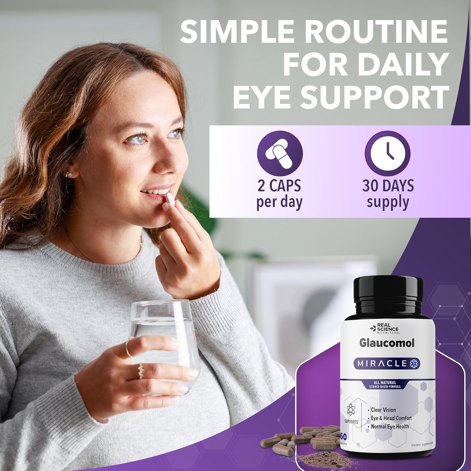 Real Science Glaucomol Miracle - Natural Eye Vitamins & Eye Supplements for Optic Nerve & Ocular Circulation Support – with Vitamins C, D & B12 for Vision Clarity & Eye Comfort – Made in USA, 60 Caps