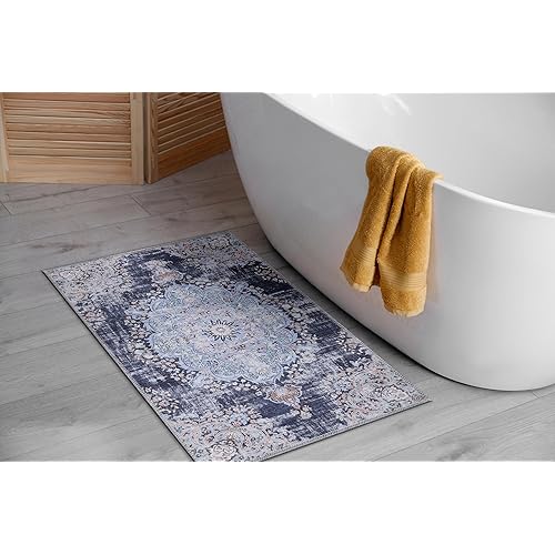 CAMILSON Machine Washable Rug 2x3 Non Slip - Anti-Slip Backing for Distressed Vintage Medallion Indoor Entryway Mats Area Rugs Stain and Water Resistant Bohemian Indoor Carpet (2 x 3, Blue)