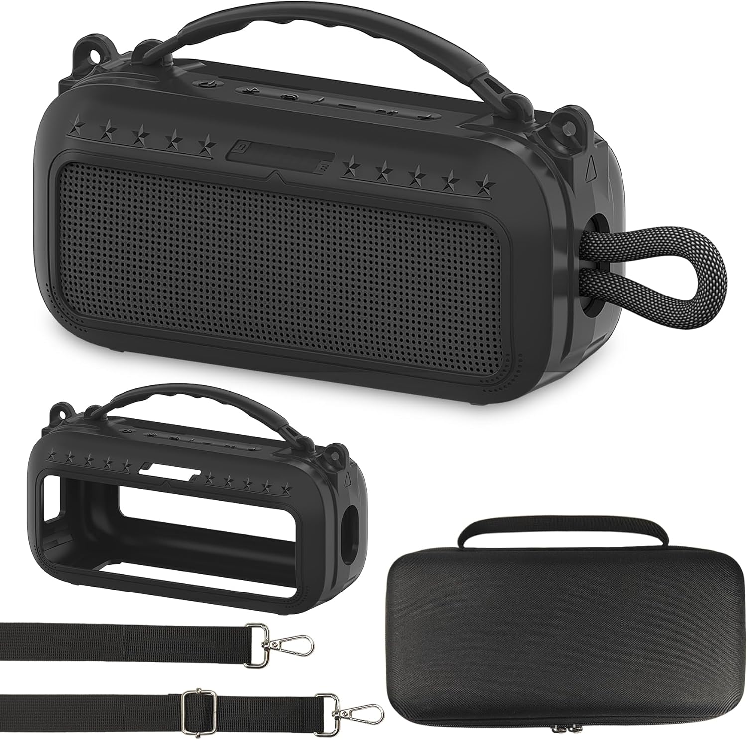 JCHPINE Silicone Cover and Hard Carrying Case for Bose SoundLink Plus Speaker, Protective Silicone Case with Handle and Shoulder Strap (Black Case)