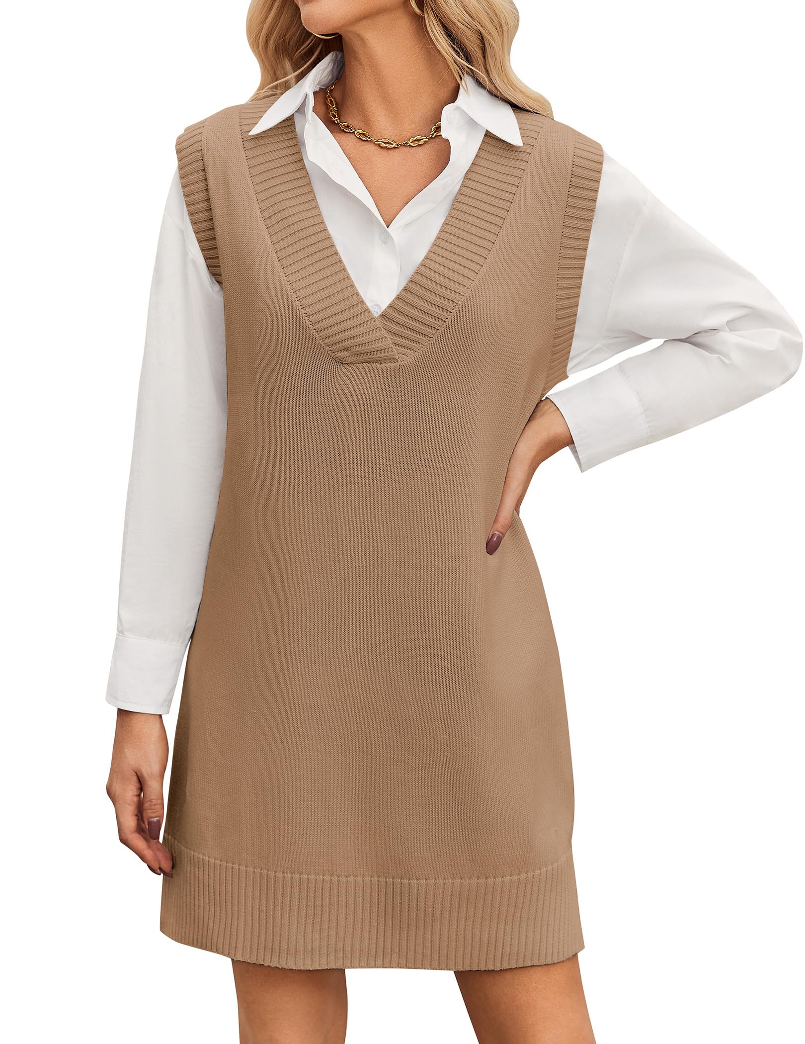 Zeagoo Strickkleid Damen Ärmellos V-Ausschnitt Pullunderkleid Strick Weste Kleid über Bluse Elegant Herbst Winter Outfit Weiches Pulloverkleid Modisches Layering Kleider
