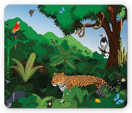 Amazon Co Jp Shaq ジャガーマウスパッド 熱帯雨林の動物 エキゾチックな鳥の蛇とタピール トロピカルジャングルイラスト 標準サイズ 長方形 滑り止めゴムマウスパッド マルチカラー パソコン 周辺機器