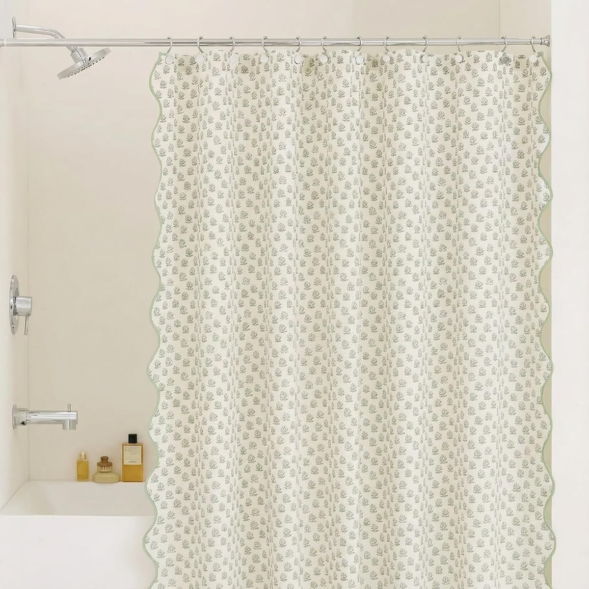 Toile Shower Curtain 72" x 72" Cotton Linen Print Curved Edge Curtain with 12 Metal Hooks Waterproof Bath Decor for 18th Century Style Bath Accessories (Green and White,Begonia)