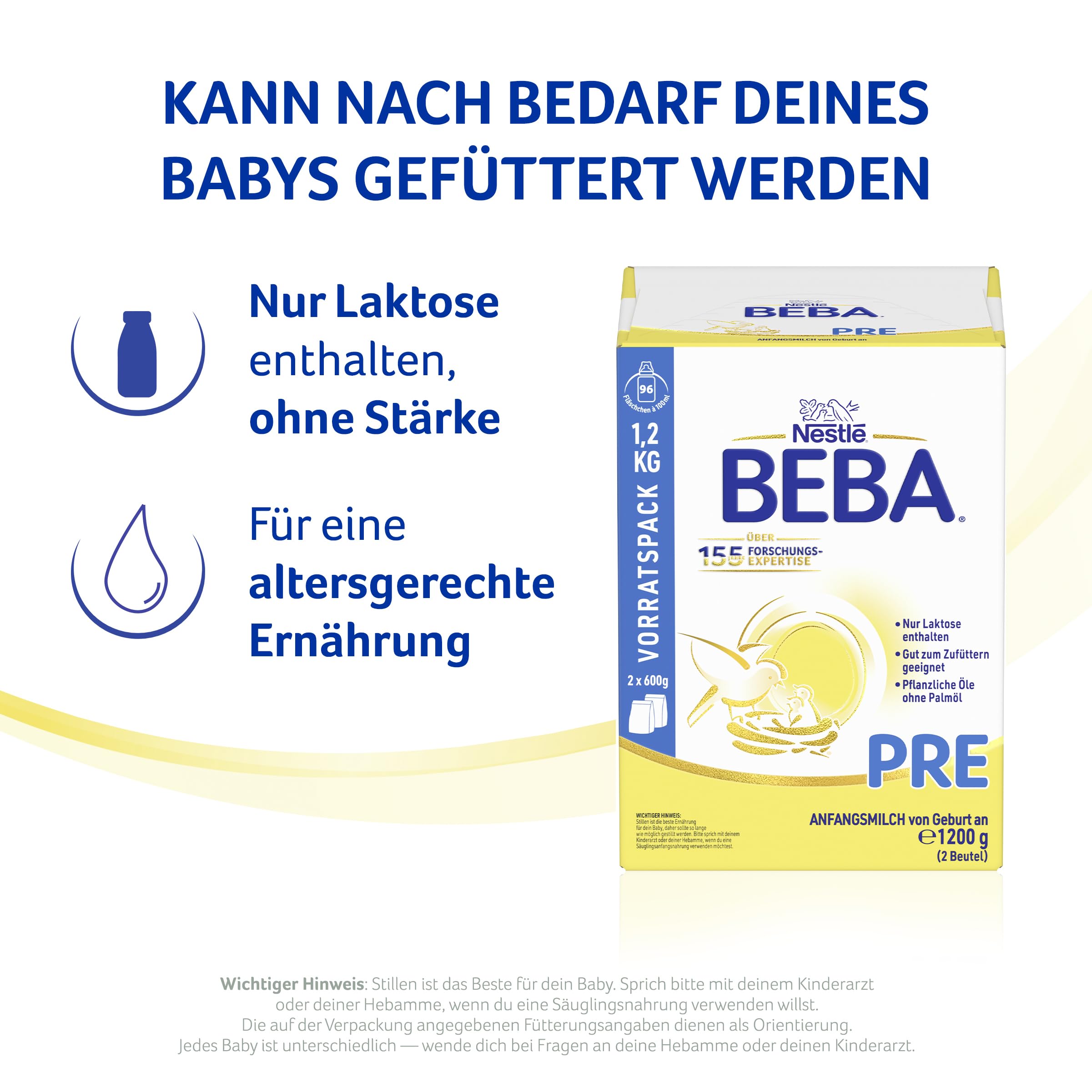 BEBA PRE Anfangsmilch von Geburt an, Nur Laktose, Ohne Palmöl, Ohne Fischöl, Babynahrung, Baby-Milchpulver, Vorratspack 1er Pack (à 2 x 600g)