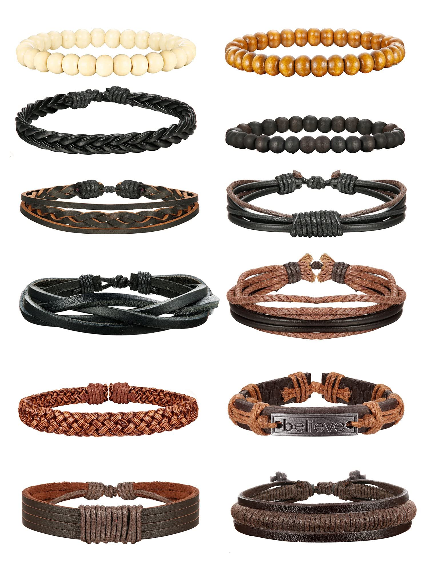 JeryWe 12 pulseras de cuero trenzado para hombres y mujeres, pulseras ajustables