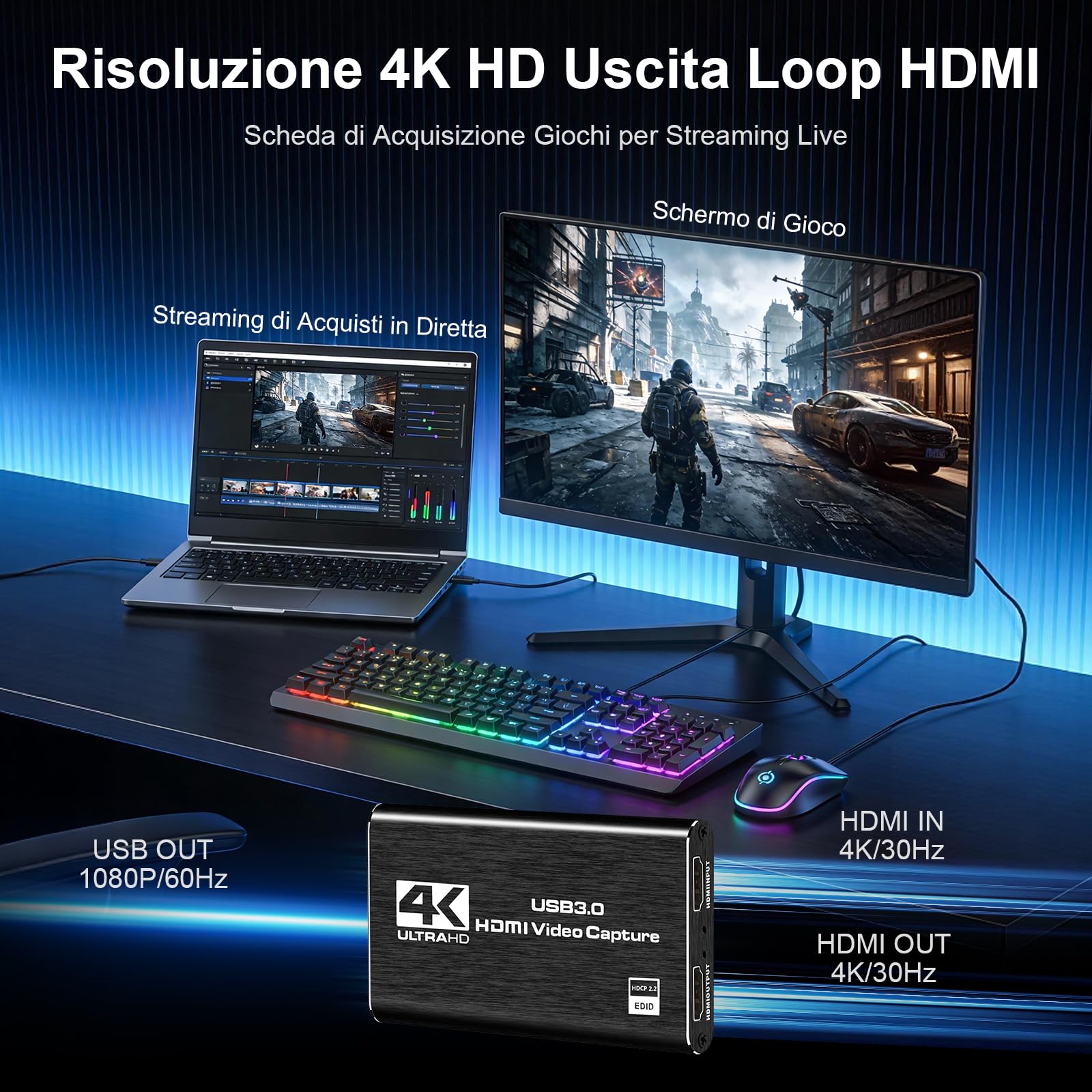 Scheda di Acquisizione Video 4K HDMI USB 3.0-1080p 60fps/2k 30fps Loop-Through - Compatibile PS5, Xbox Series X/S, PC, OBS - Per Streaming & Gaming Nero